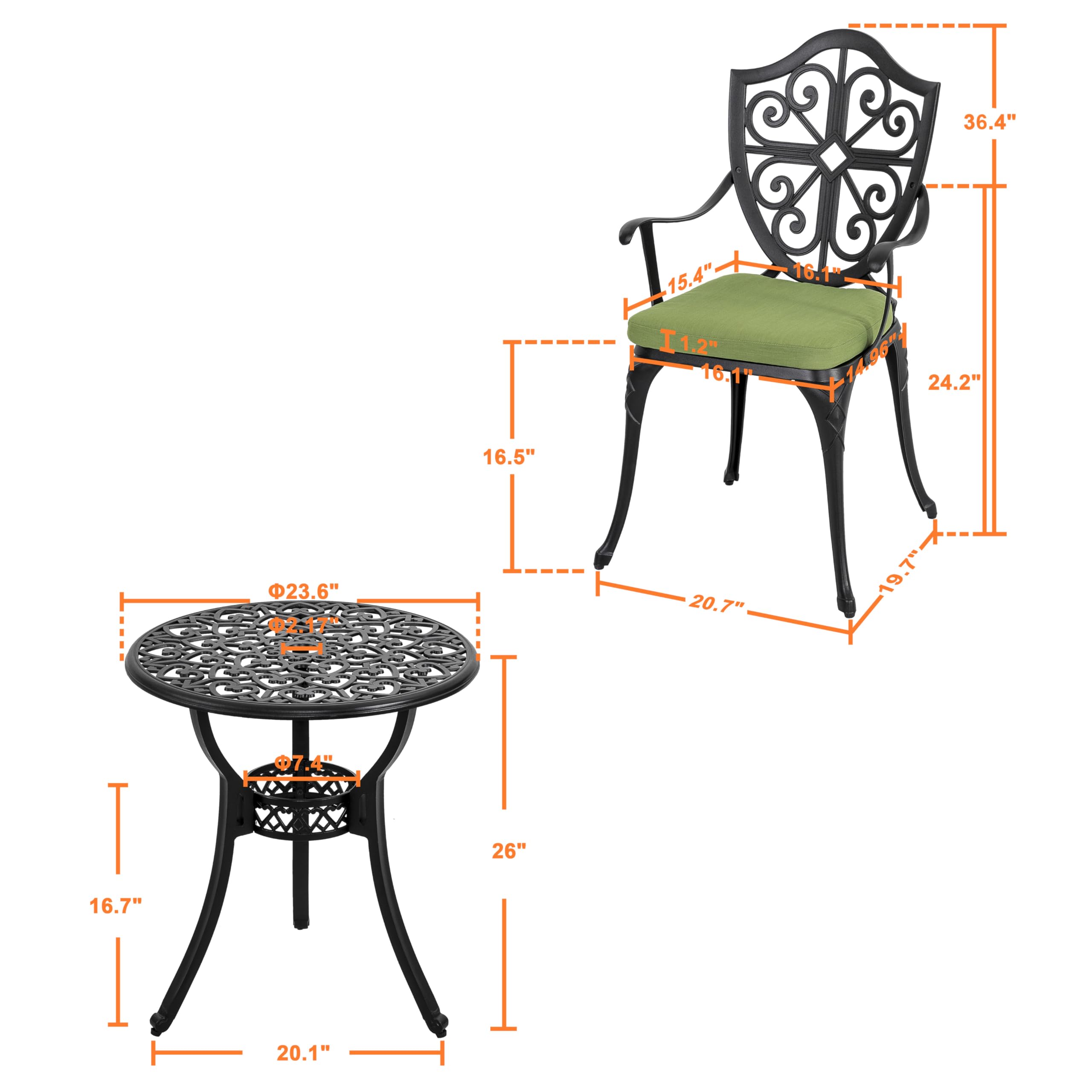 3-Piece Cast Aluminum Bistro Set with Cushions