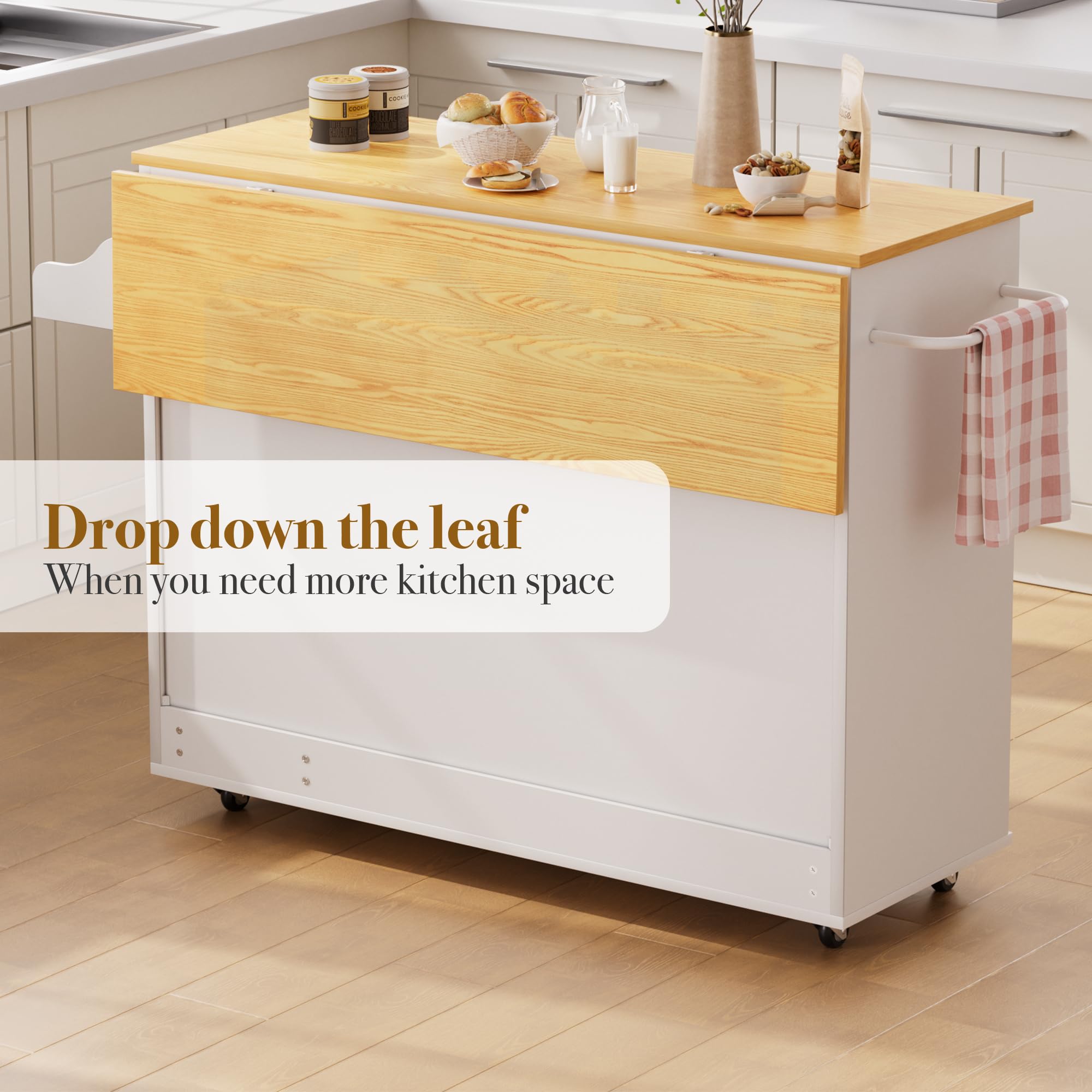 Kitchen Island on Wheels with Storage and Drop Leaf
