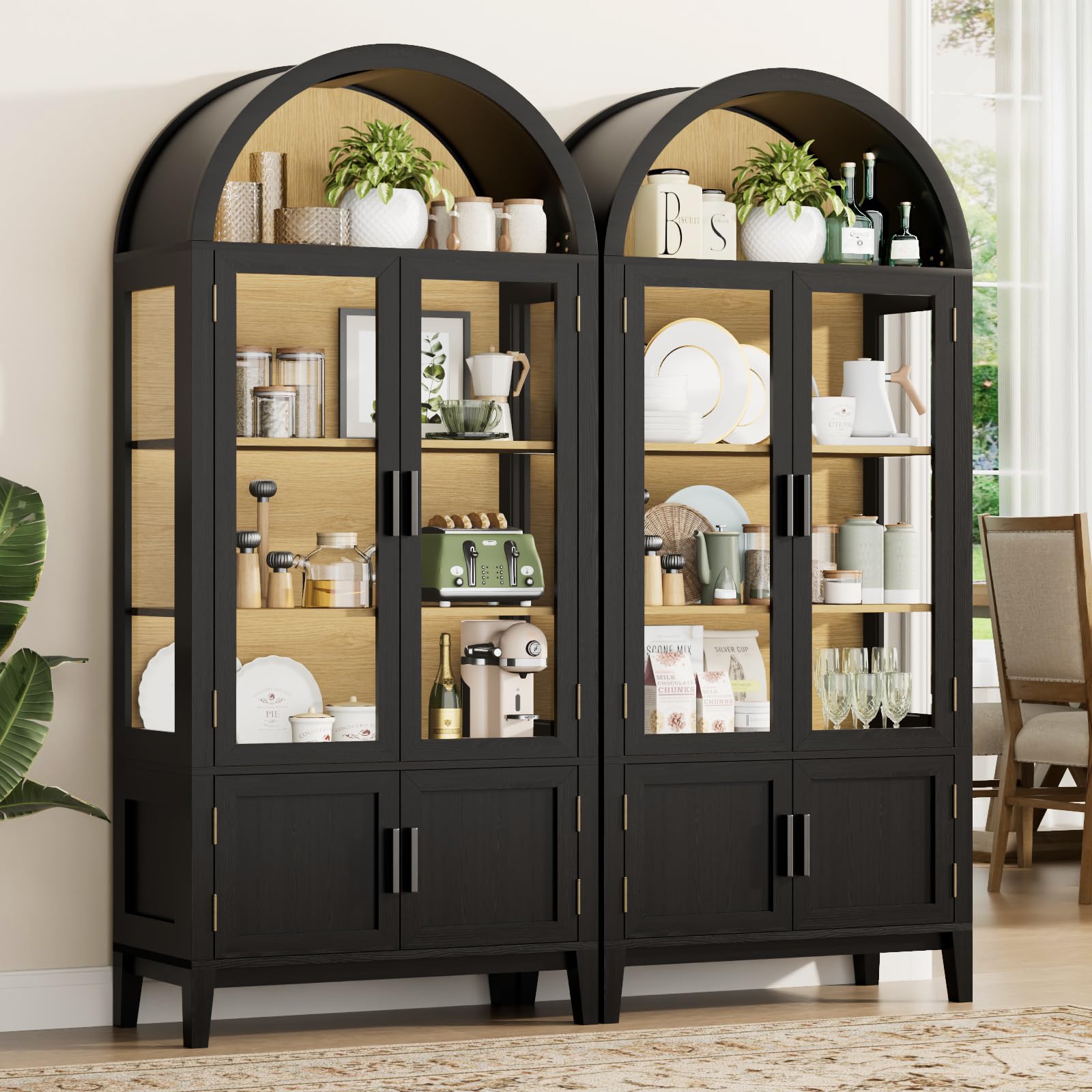 Arched Glass Door Pantry Cabinet with LED Lights