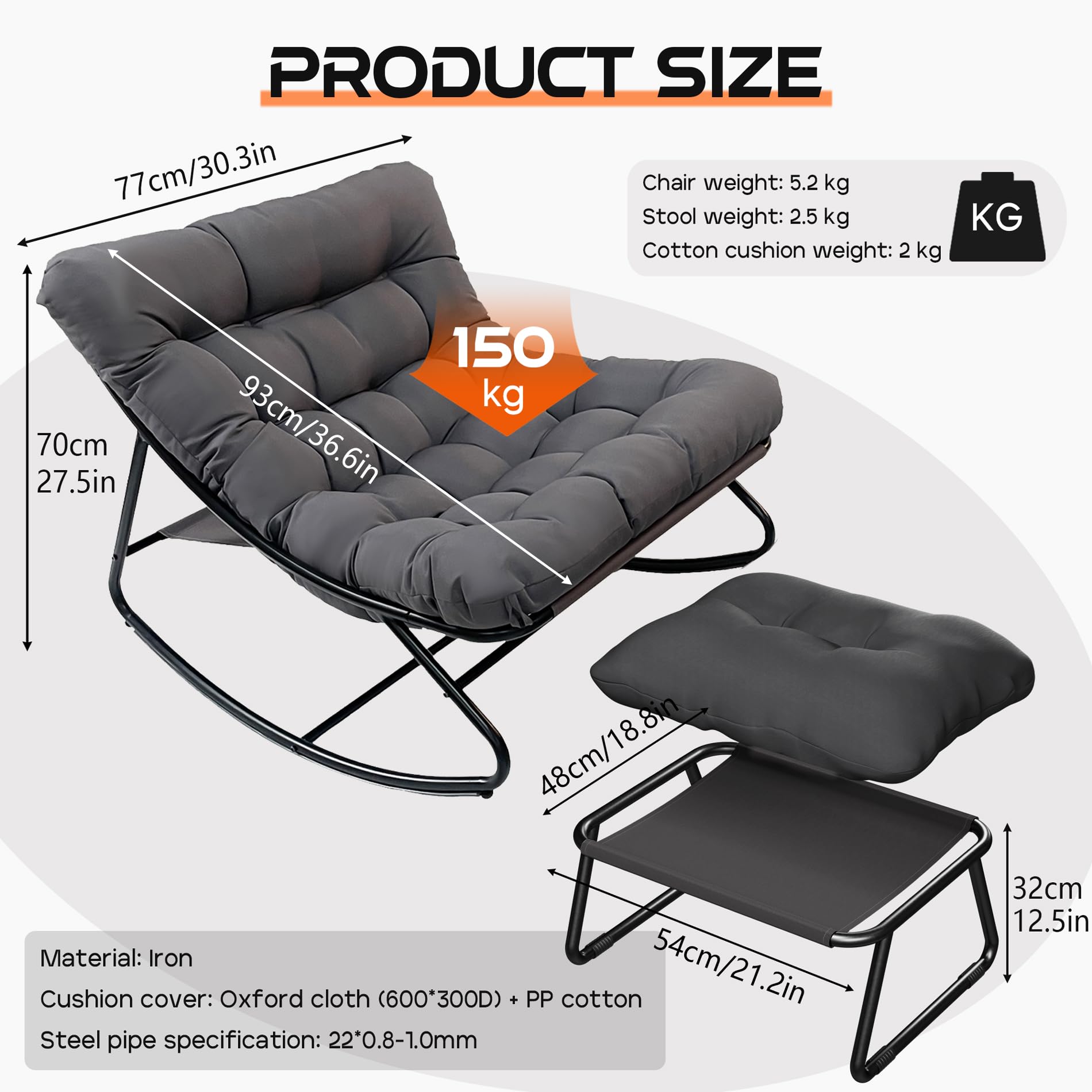 Outdoor Papasan Rocking Chair with Cushion and Ottoman