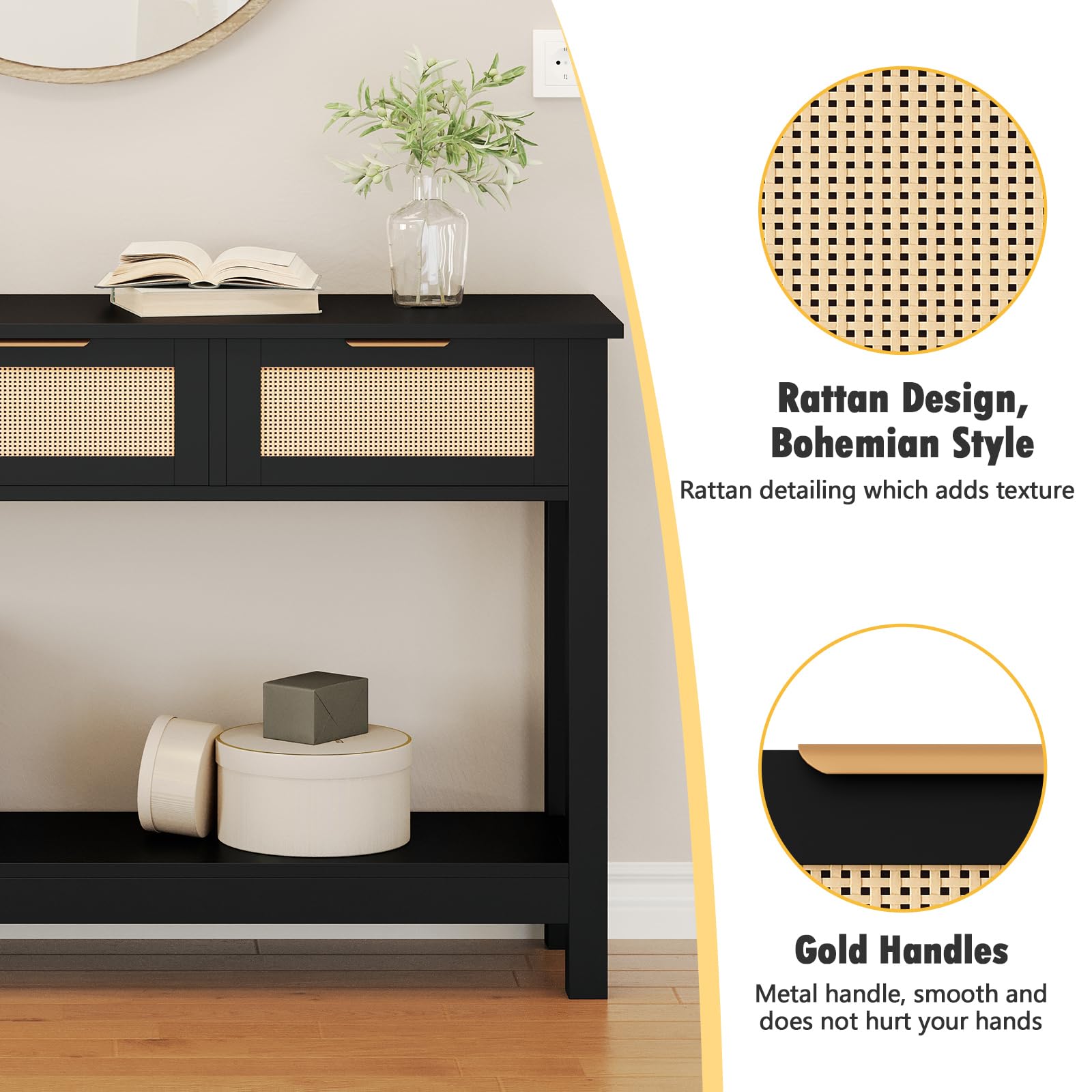 Console Table with 3 Rattan Drawers - 47 Inch Black