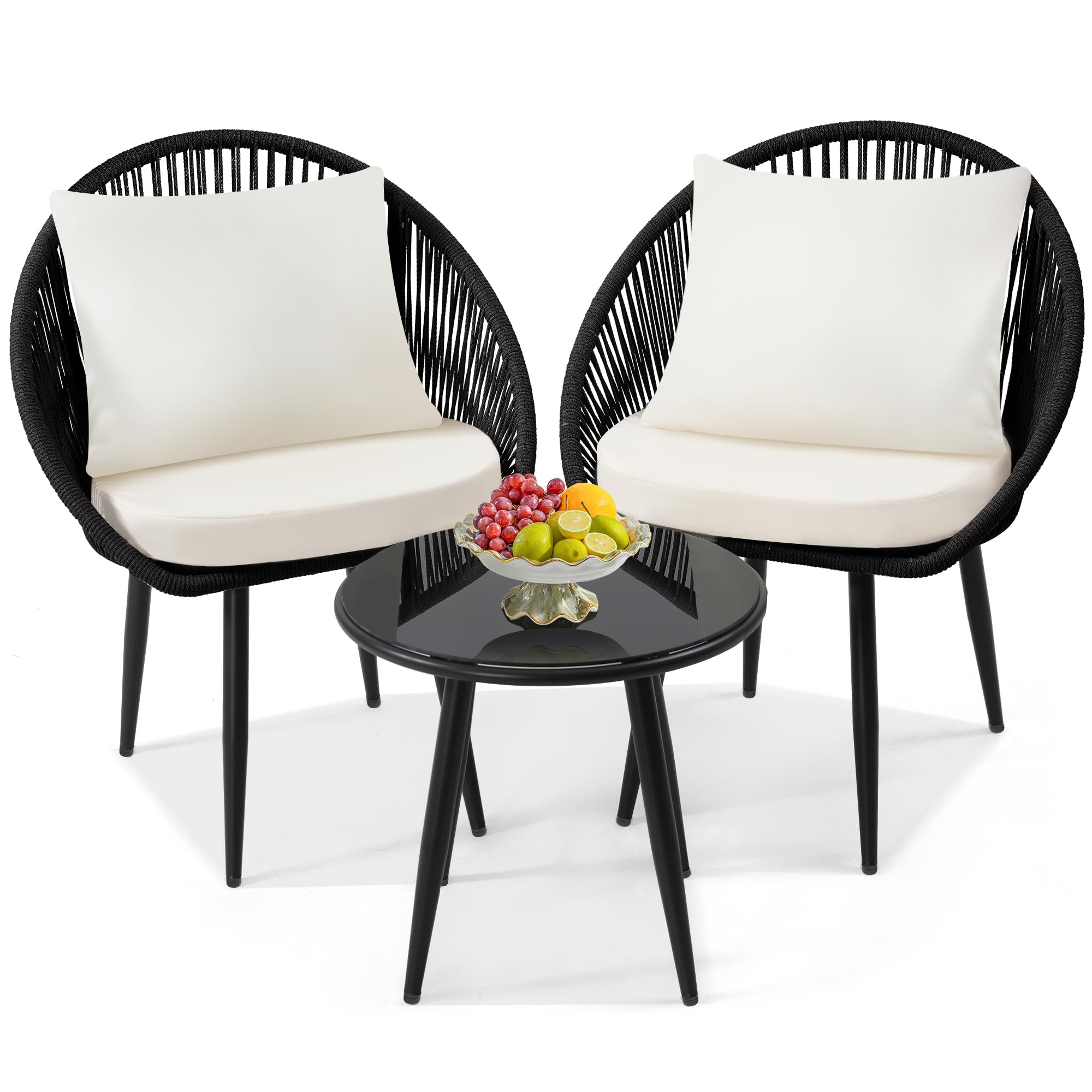 3 Pieces Bistro Set with Woven Rope Chairs and Cushions