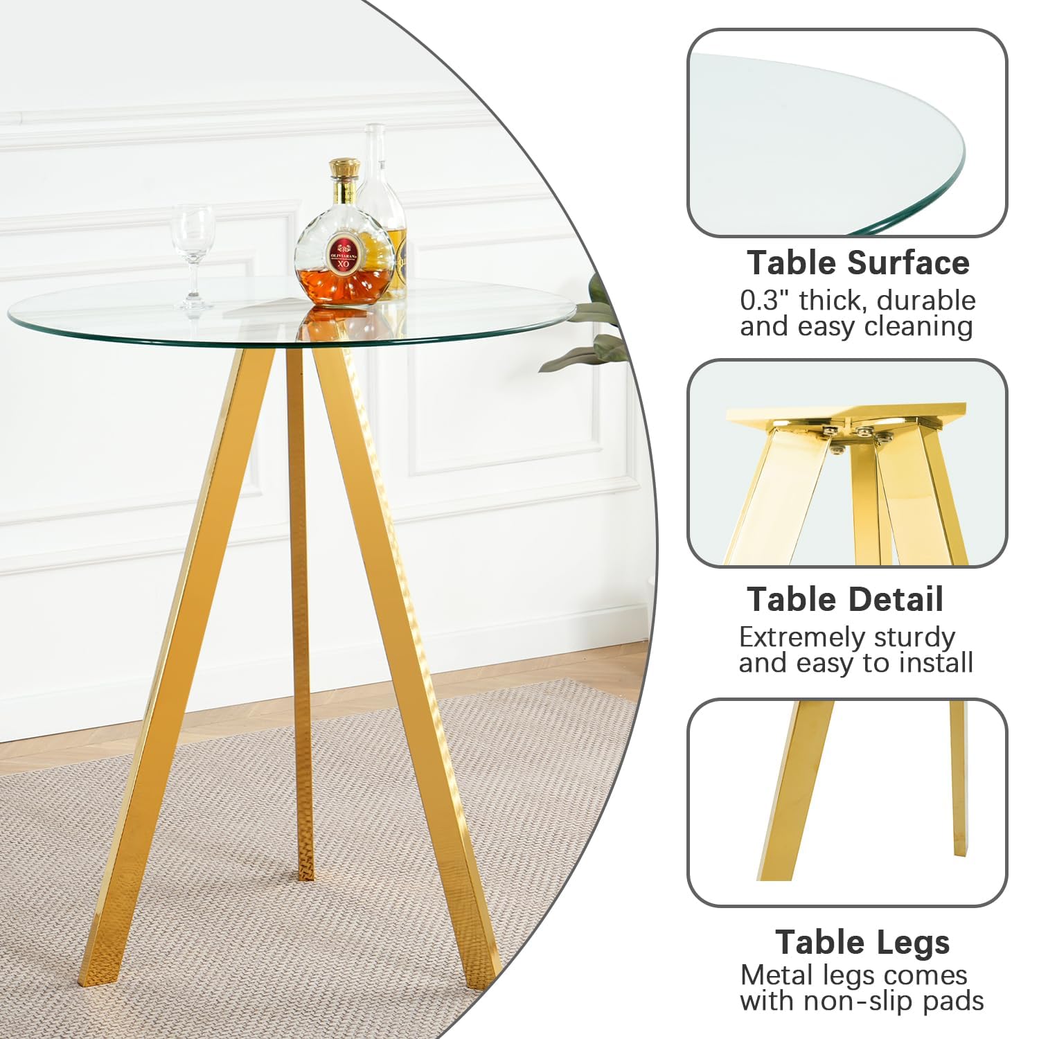 3 Piece Pub Dining Set with Glass Table and Velvet Stools