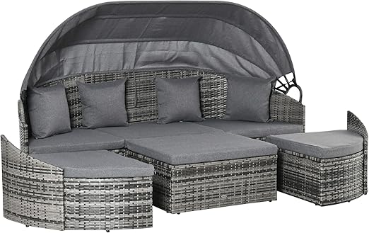 Convertible Round Rattan Daybed Set with Canopy
