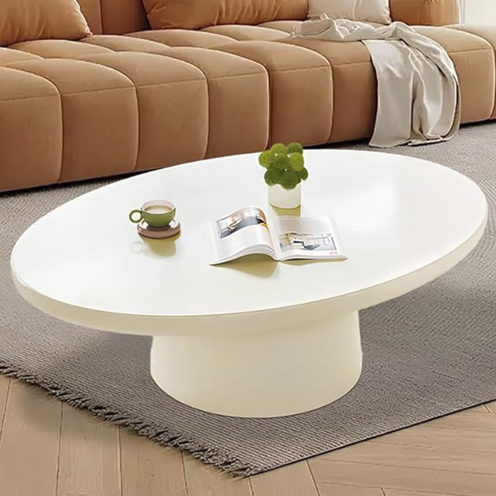 Oval Drum Coffee Table Modern Cream White Pedestal
