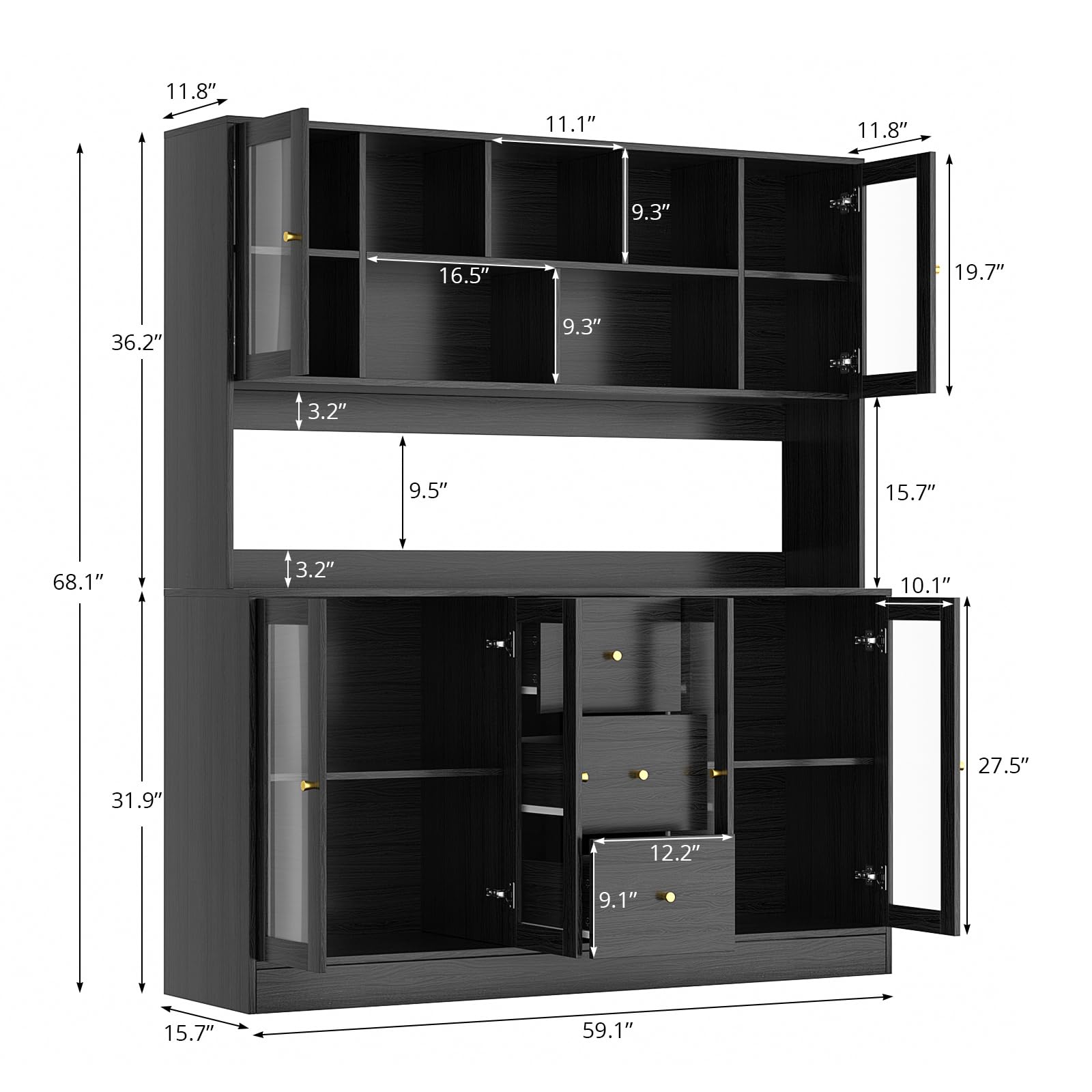 Kitchen Hutch Cabinet with Glass Doors