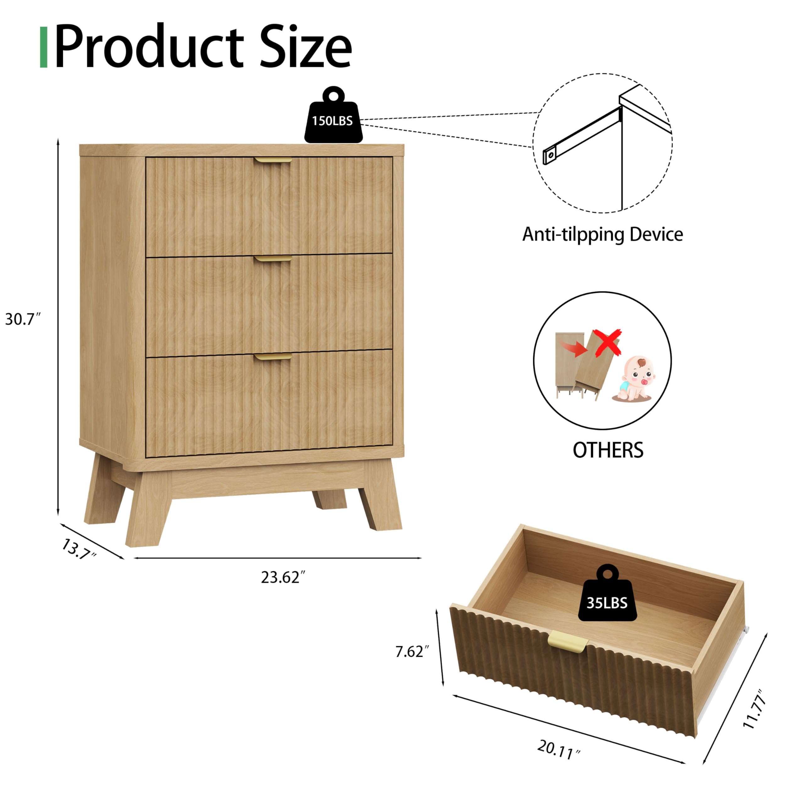 3-Drawer Fluted Nightstand with Metal Handle