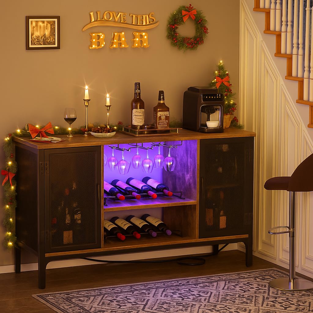 Industrial Bar Cabinet with LED Lights and Wine Rack
