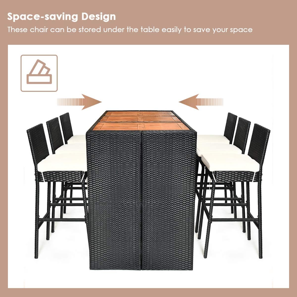 7-Piece Outdoor Wicker Dining Set with Acacia Wood Bar Table