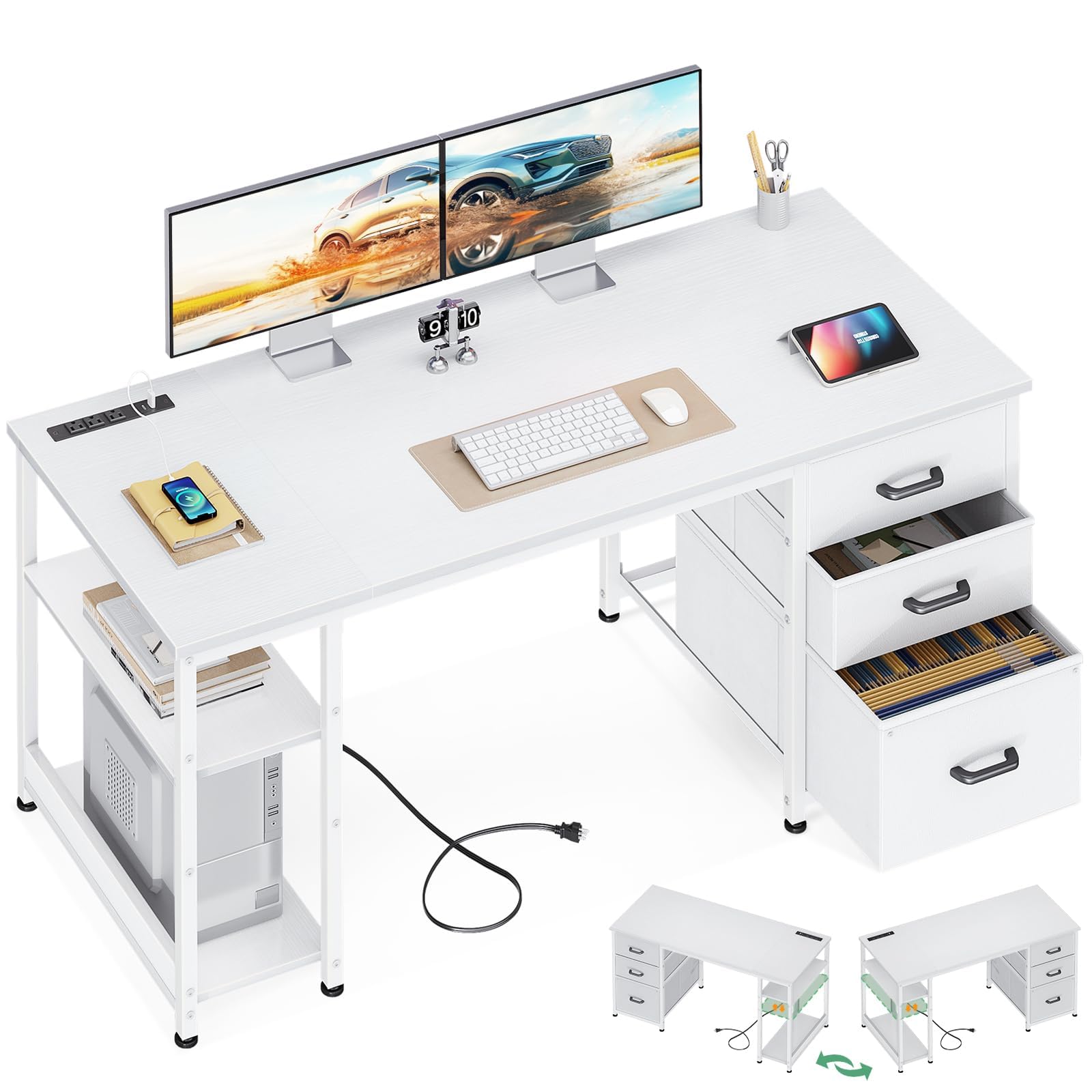 51 Inch Computer Desk with File Drawers and USB Power Outlets