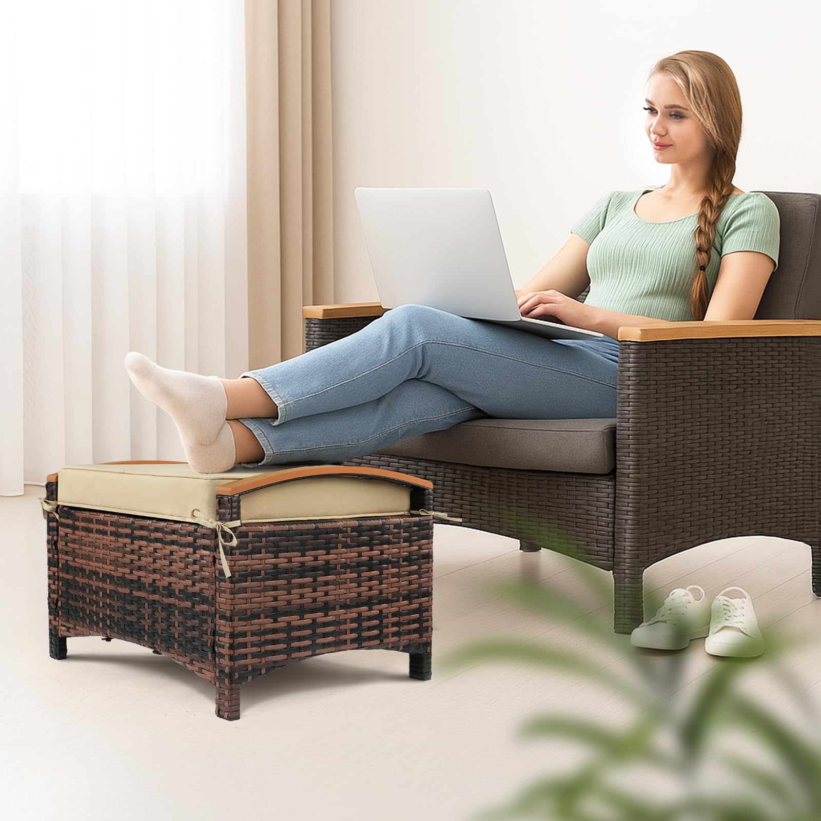 Wicker Outdoor Ottoman Set with Removable Cushions
