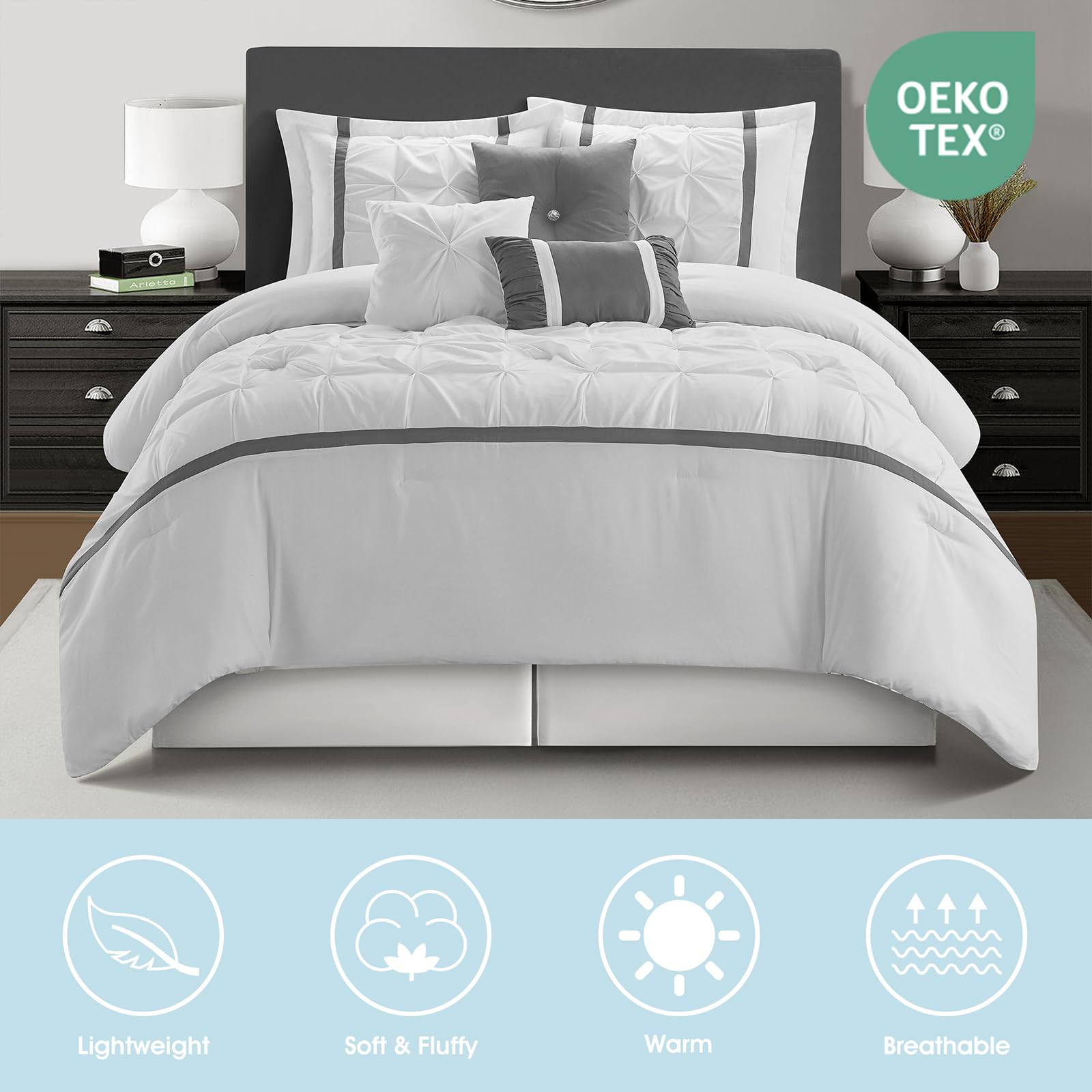 Queen Comforter Set 7 Piece White Grey