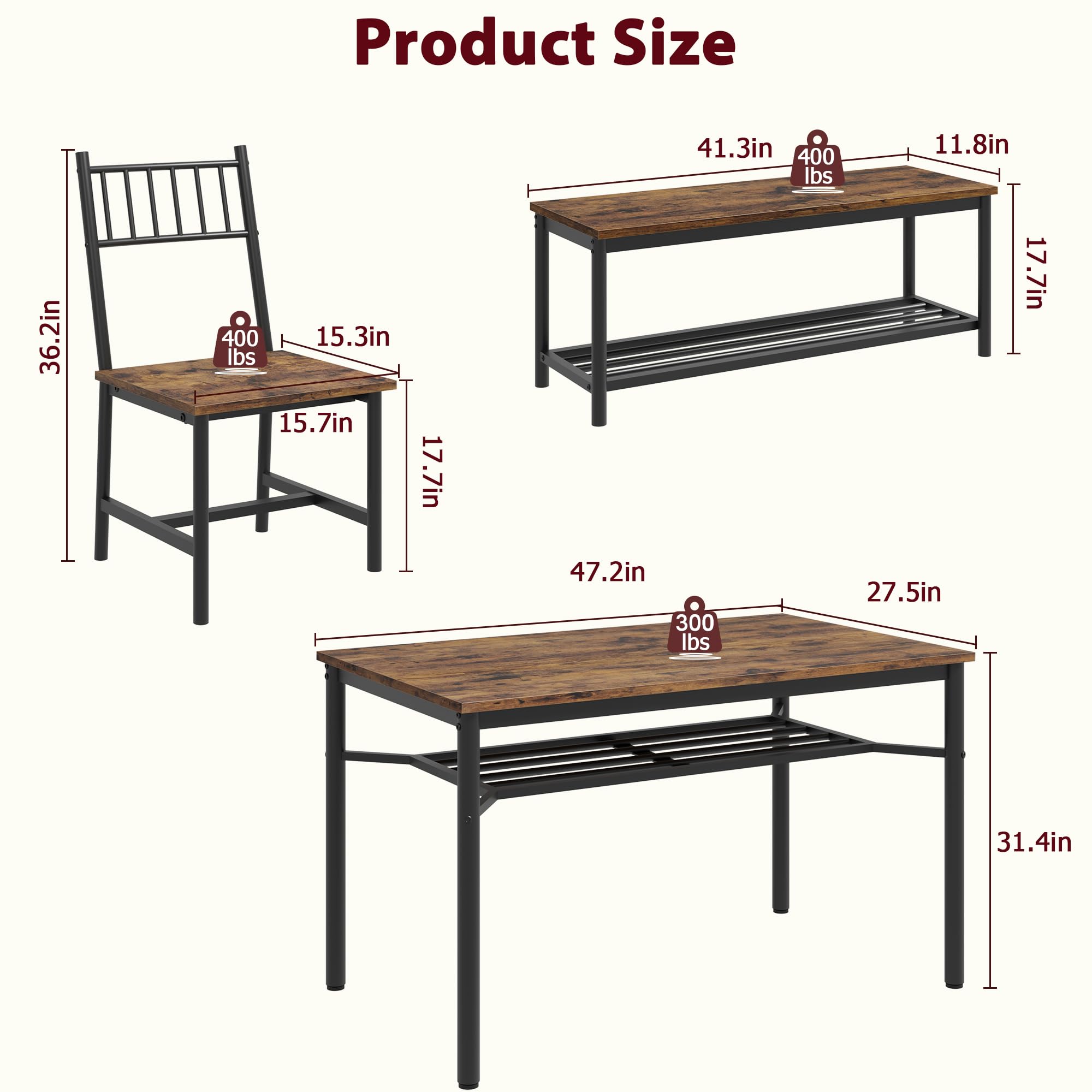 4-Piece Dining Table Set with Bench and Chairs