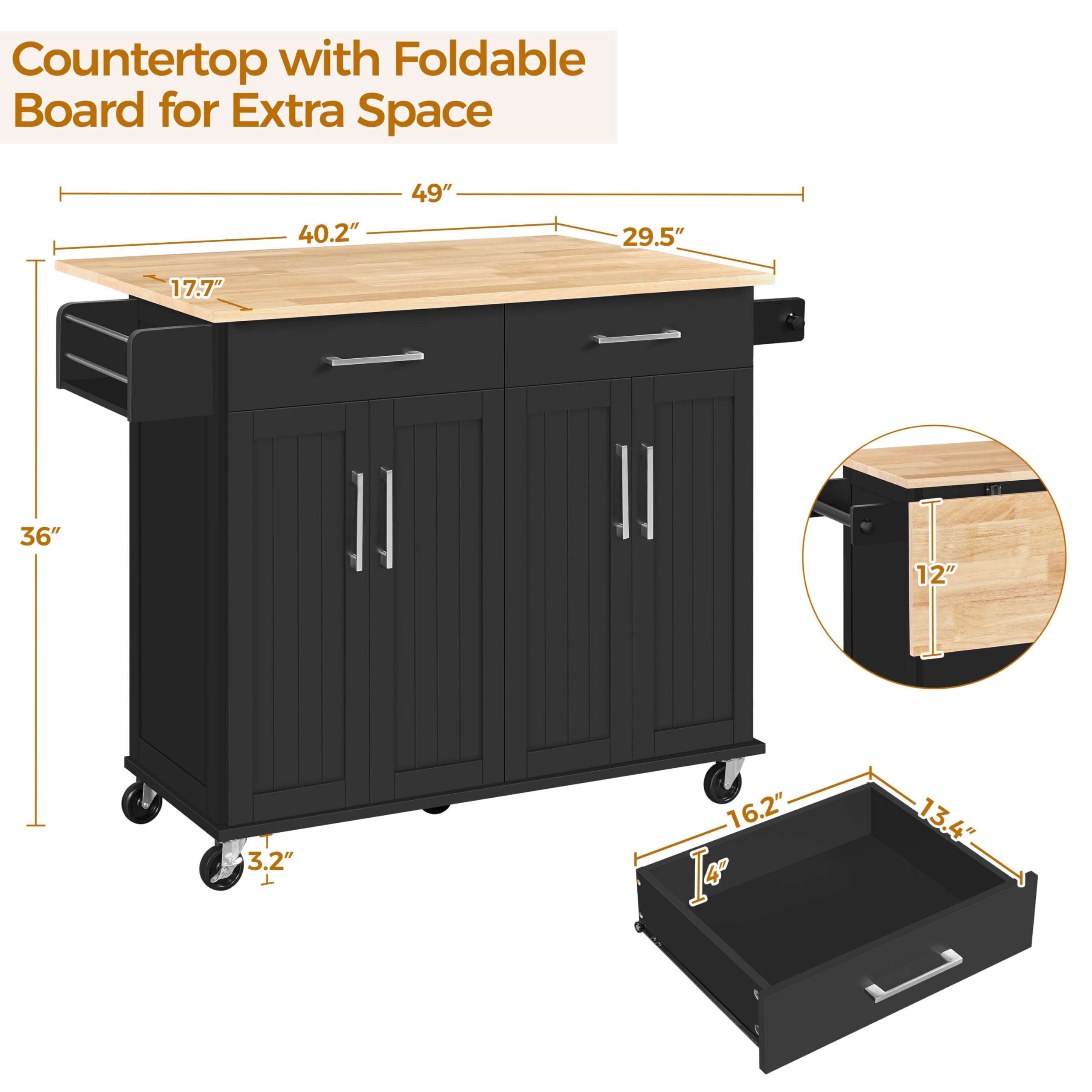Kitchen Island Cart with Drop Leaf 49 Inch Rolling Table