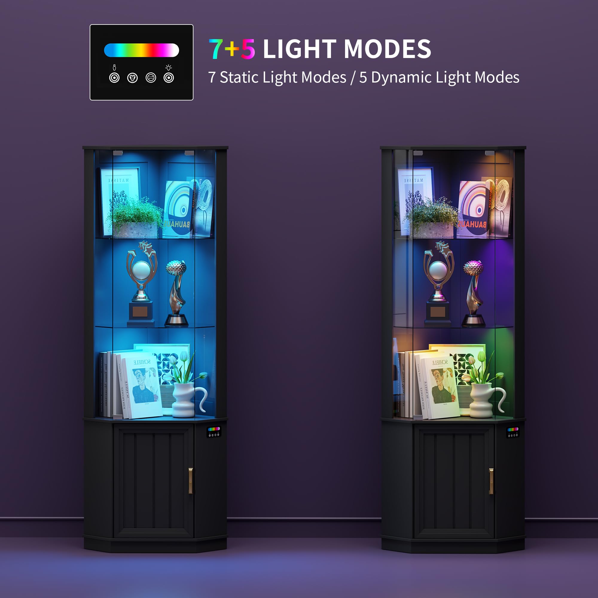 69" Tall Curio Display Cabinet with Glass Door and LED Lights