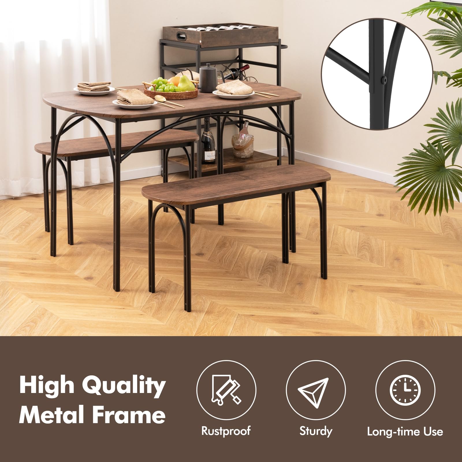 3-Piece Dining Table Set with 2 Benches
