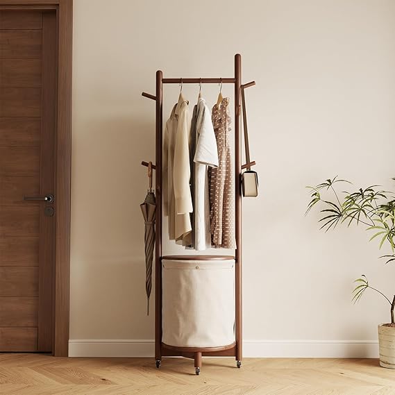 Solid Wood Coat Rack with Fabric Basket and 9 Hooks