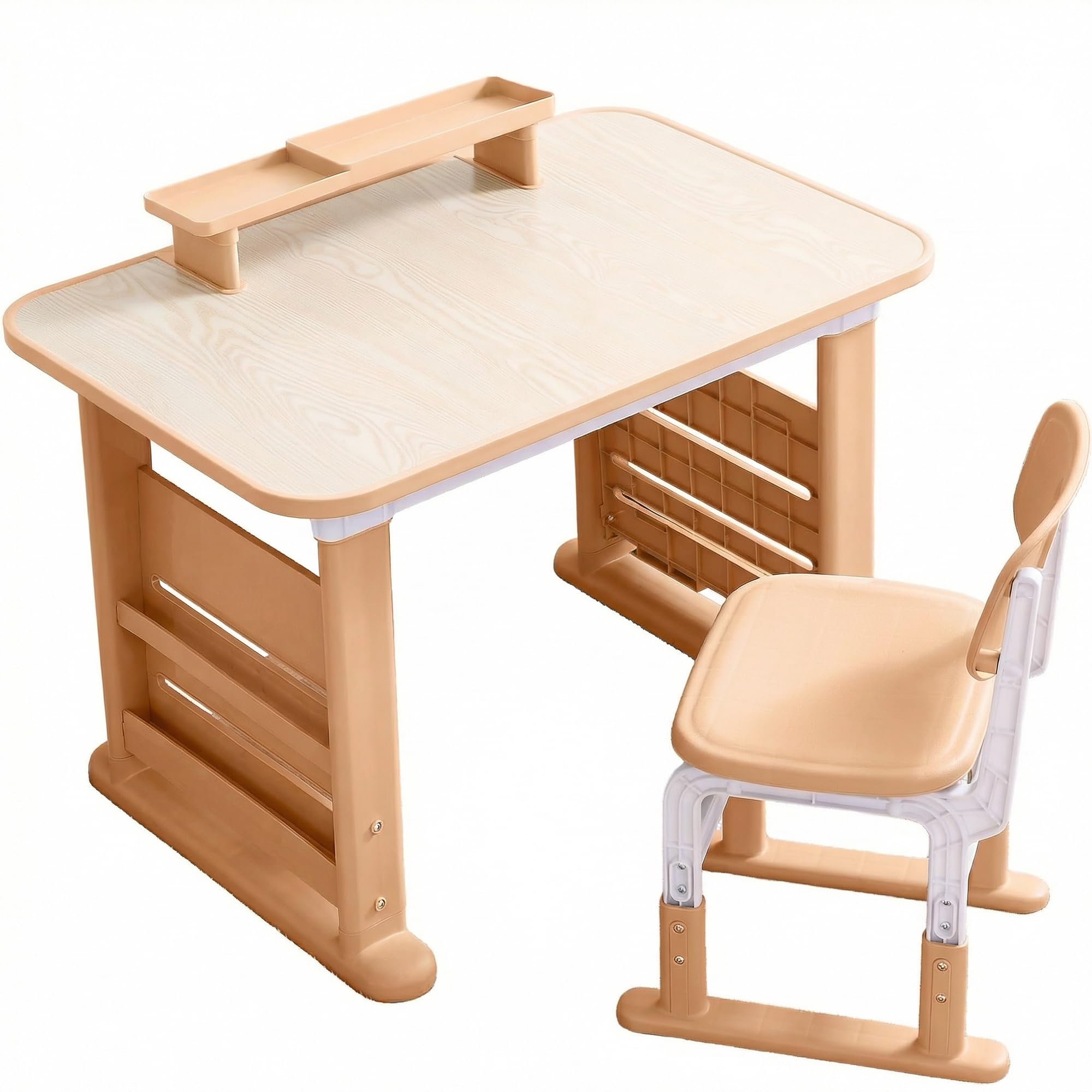 GITAWUSA Kids Desk and Chair Set, Height Adjustable Kids Table and Chairs, Study Table for 3-12 Years Boy and Girl, Student Writing Desk with Side Bookshelf and Storage for Bedroom/Study Room/School