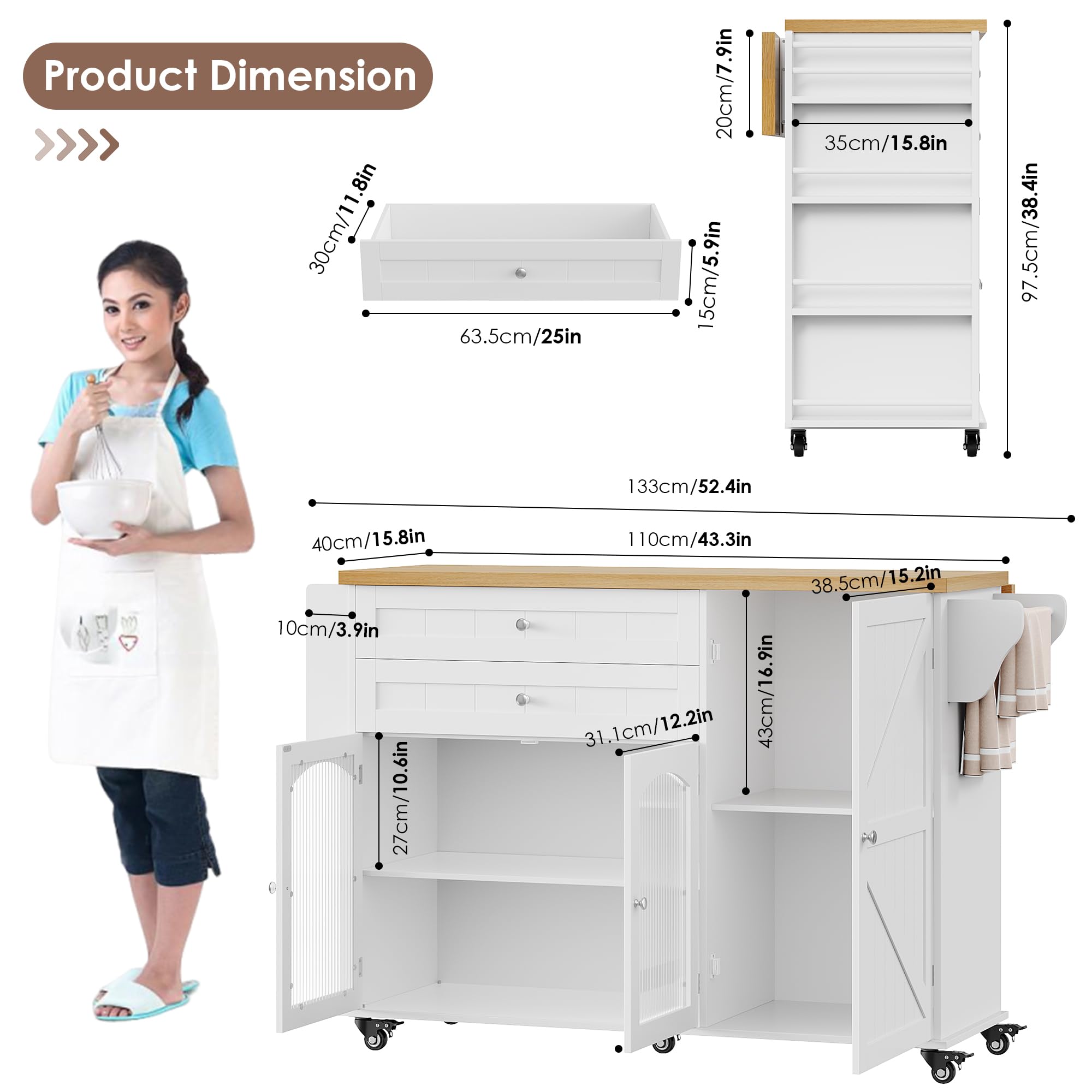 Rolling Kitchen Island with Storage and Drop Leaf