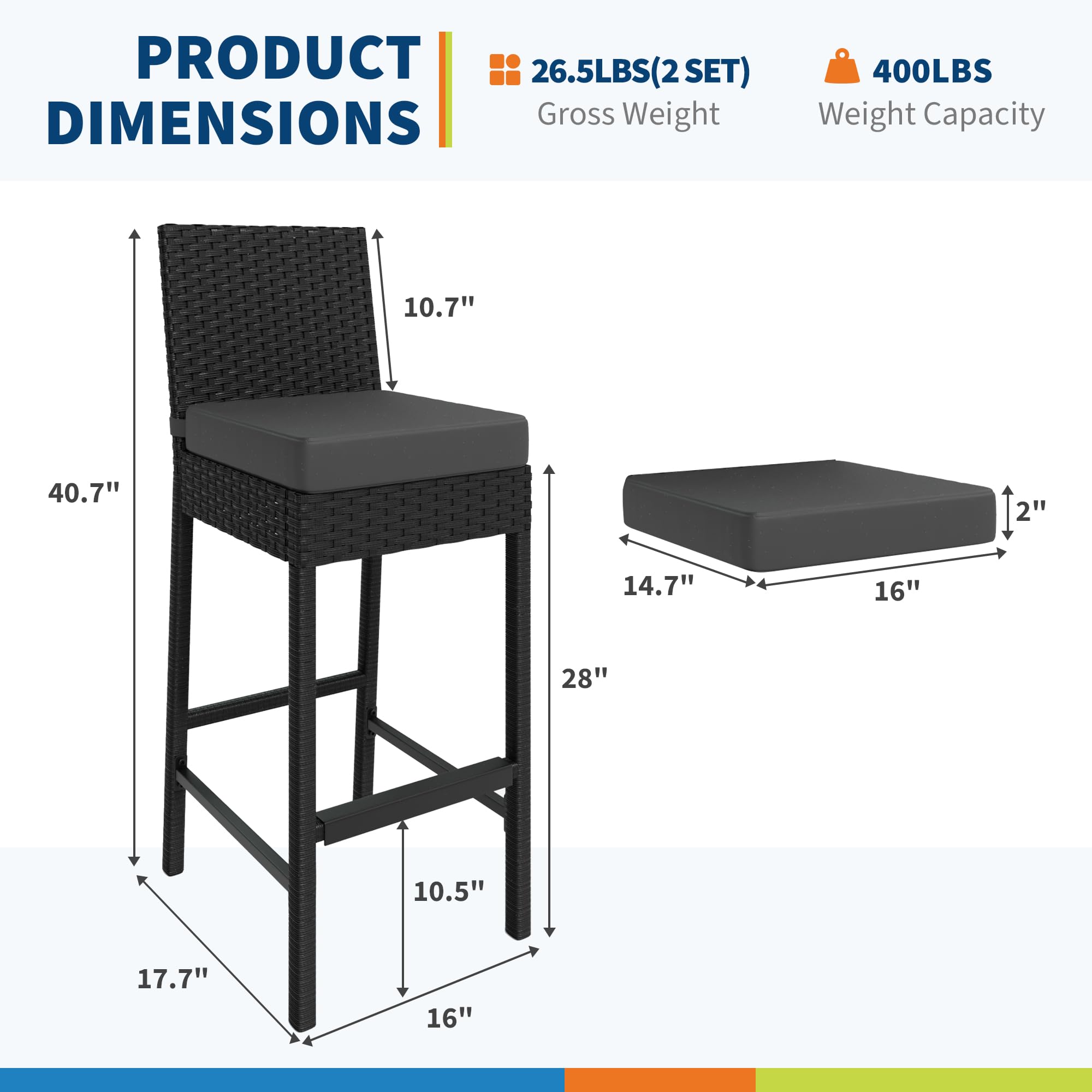 Outdoor Wicker Bar Stools Set of 2 with Cushions