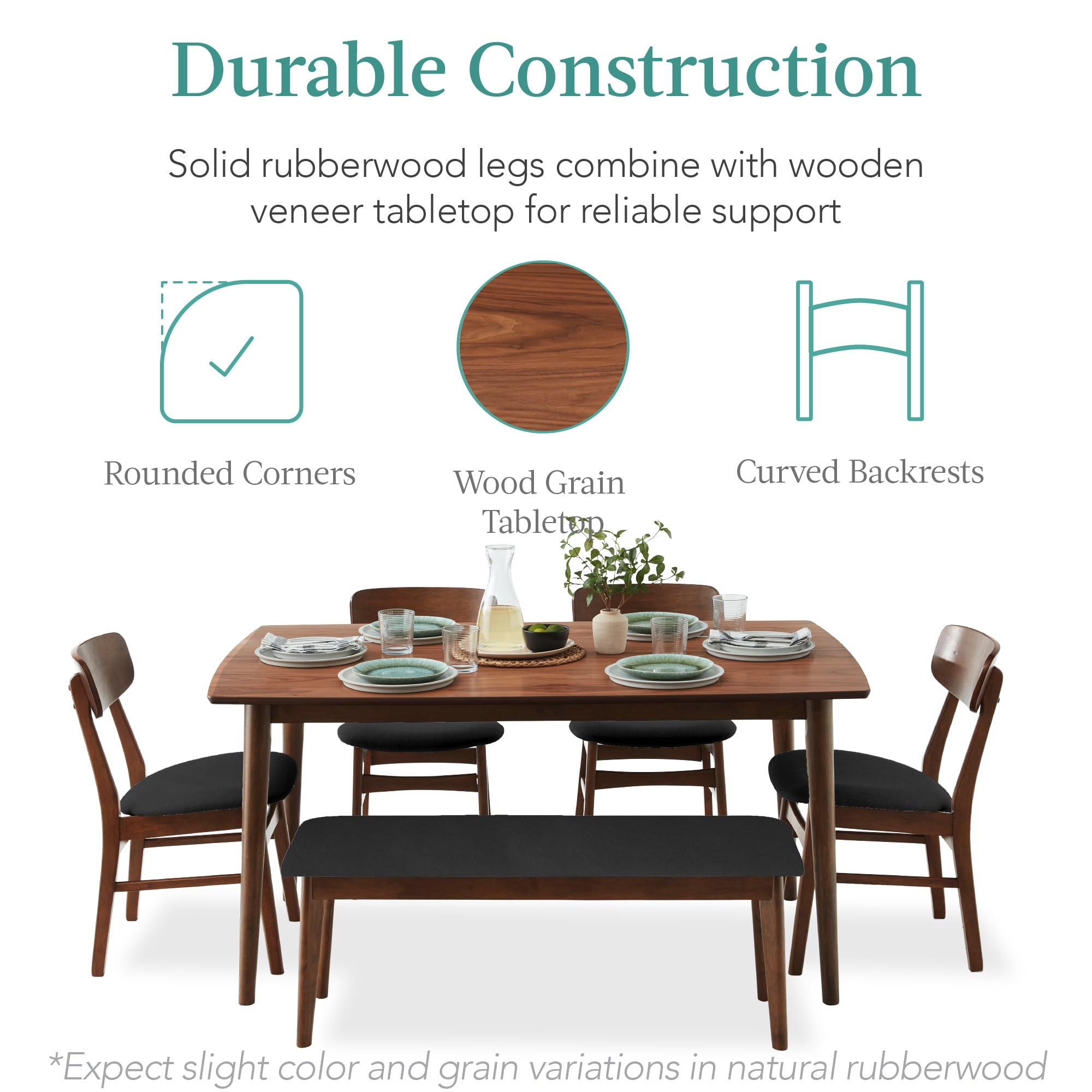 6-Piece Wooden Dining Set with Bench and Upholstered Chairs
