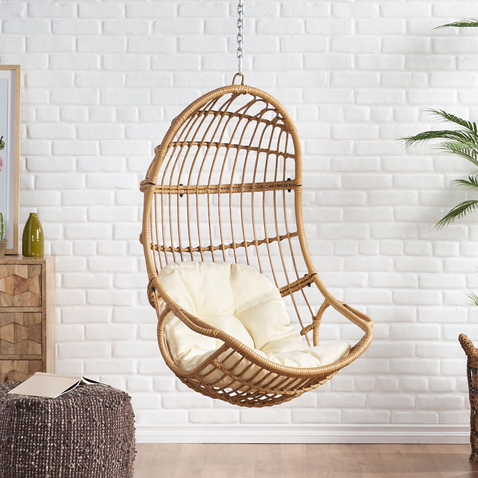 Wicker Basket Hanging Chair with Cushion