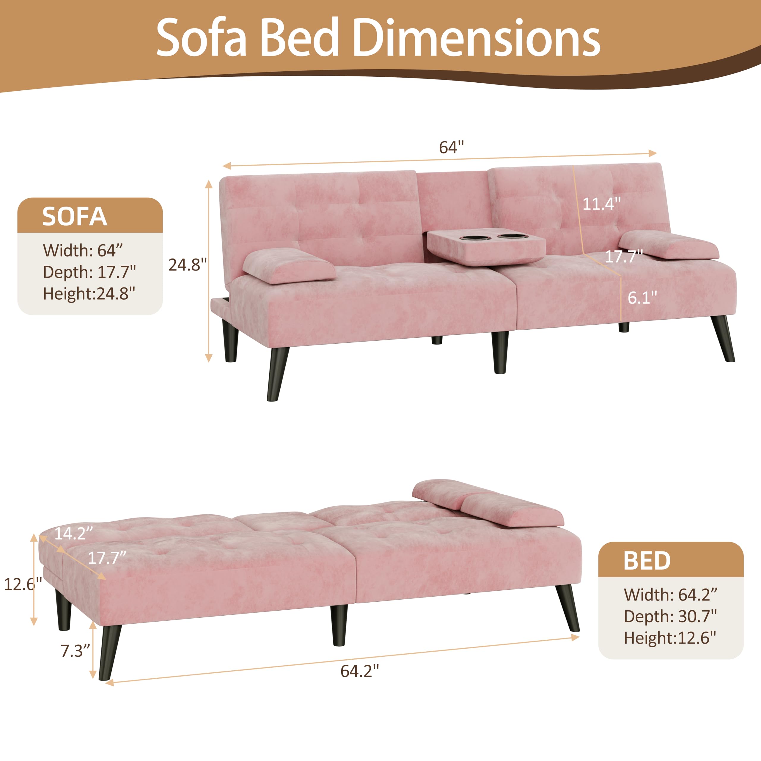 Pink Velvet Convertible Futon Sofa Bed with Cup Holders