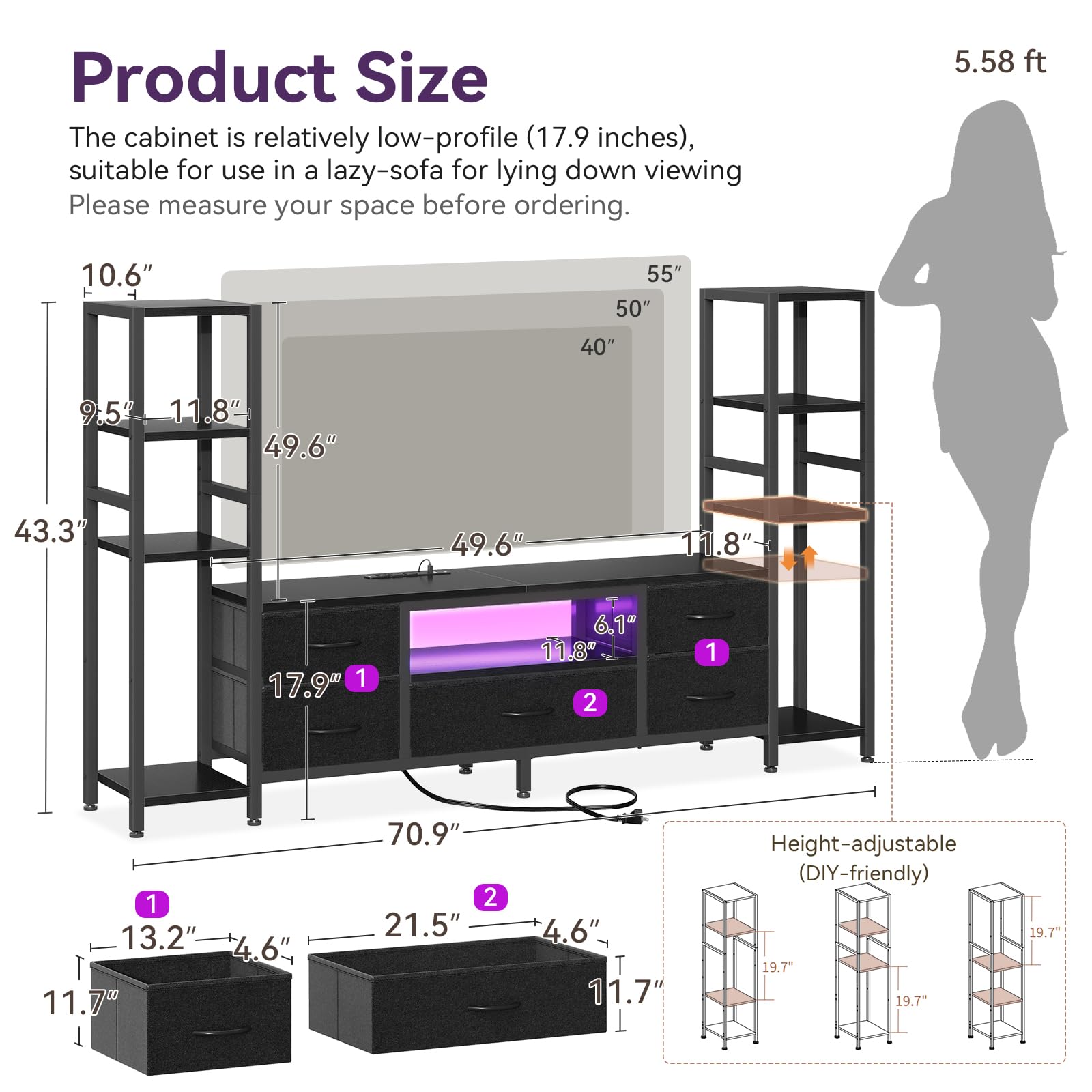 71" TV Stand with LED Lights & 5 Drawers
