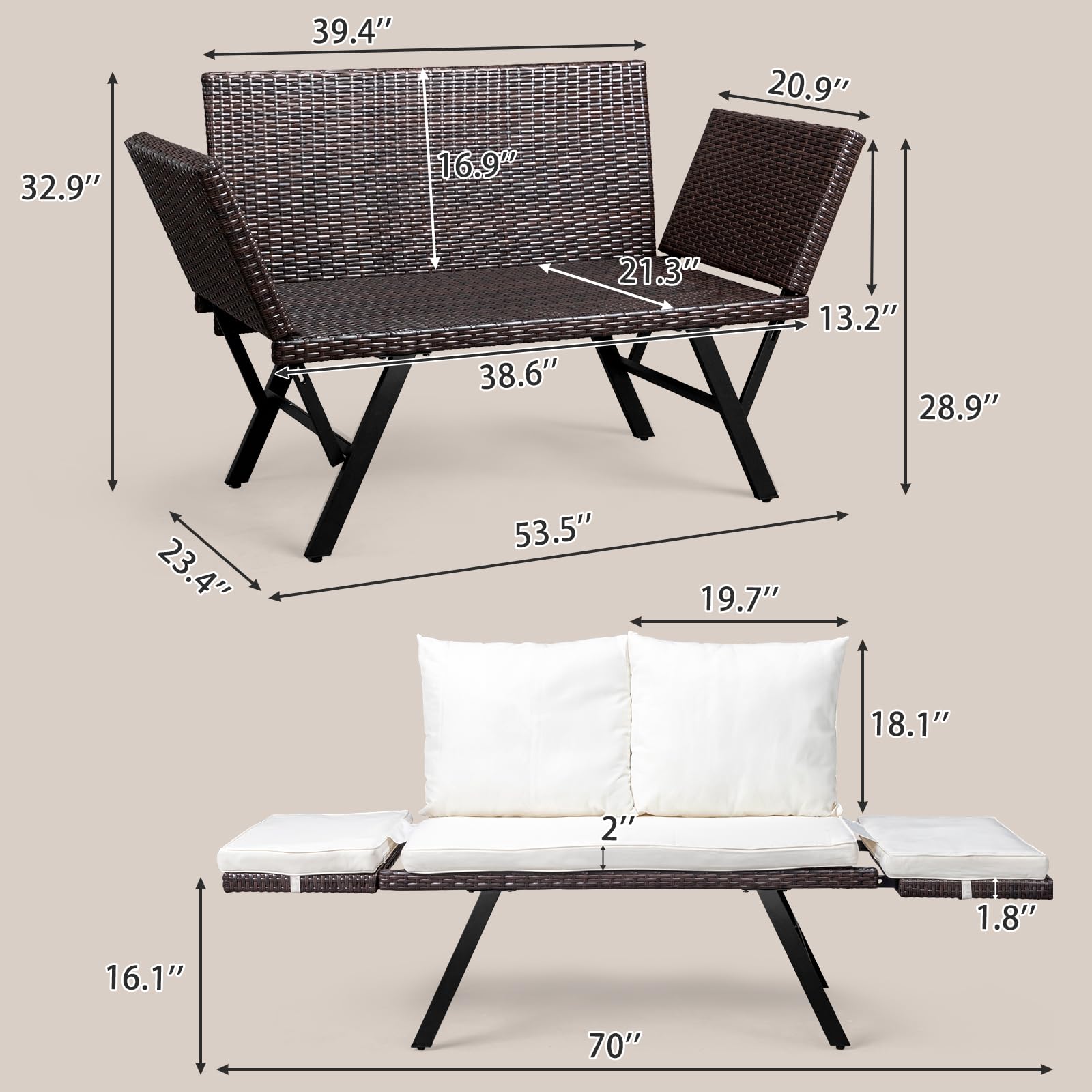 Outdoor Woven Rattan Loveseat with Adjustable Armrests