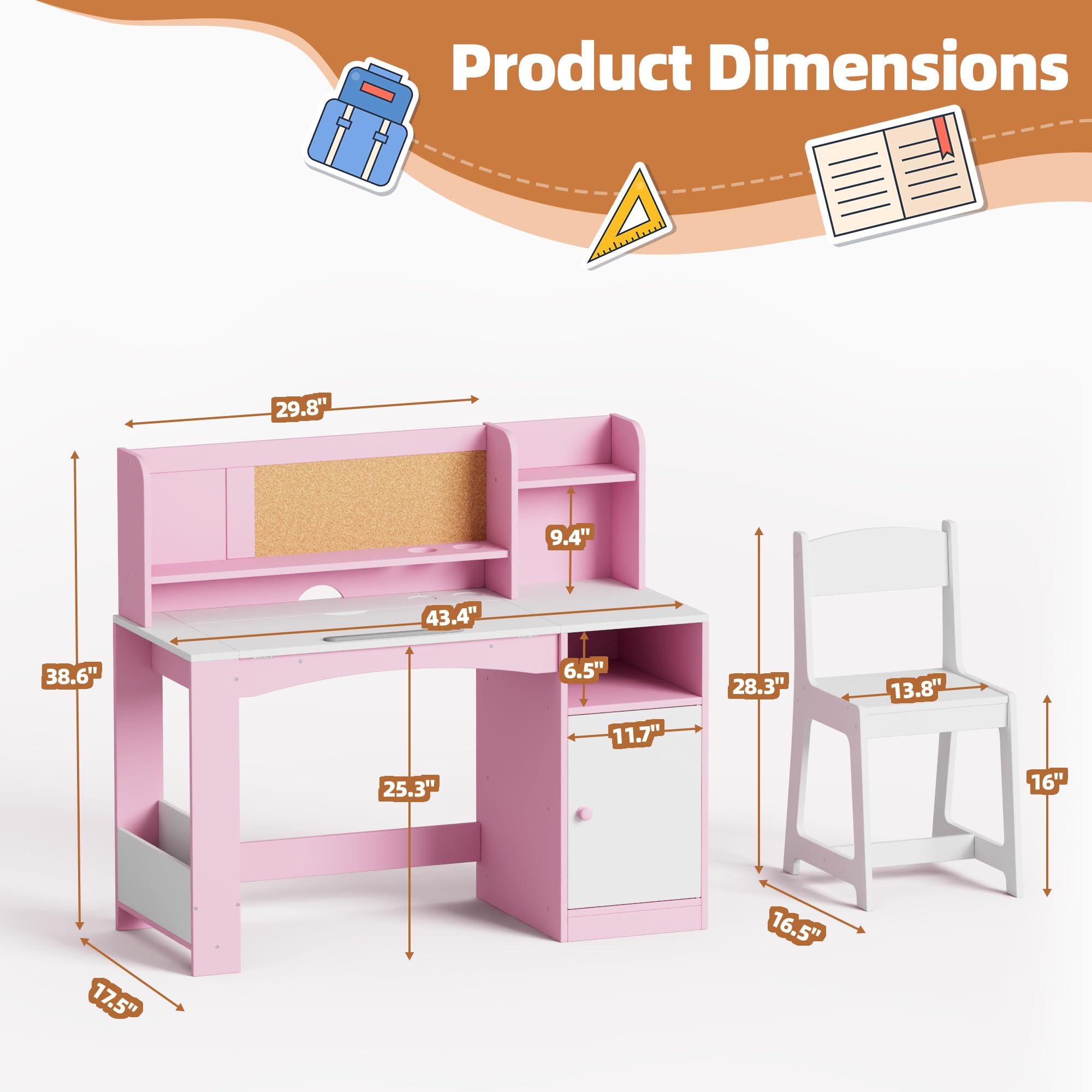 Betterhood Kids Study Desk and Chair Set, Kids Desks with Hutch Storage and Tiltable Desktop, Wooden Children Study Table for 5-12 Years Old Girls, Student Writing Desk for Bedroom (Pink)