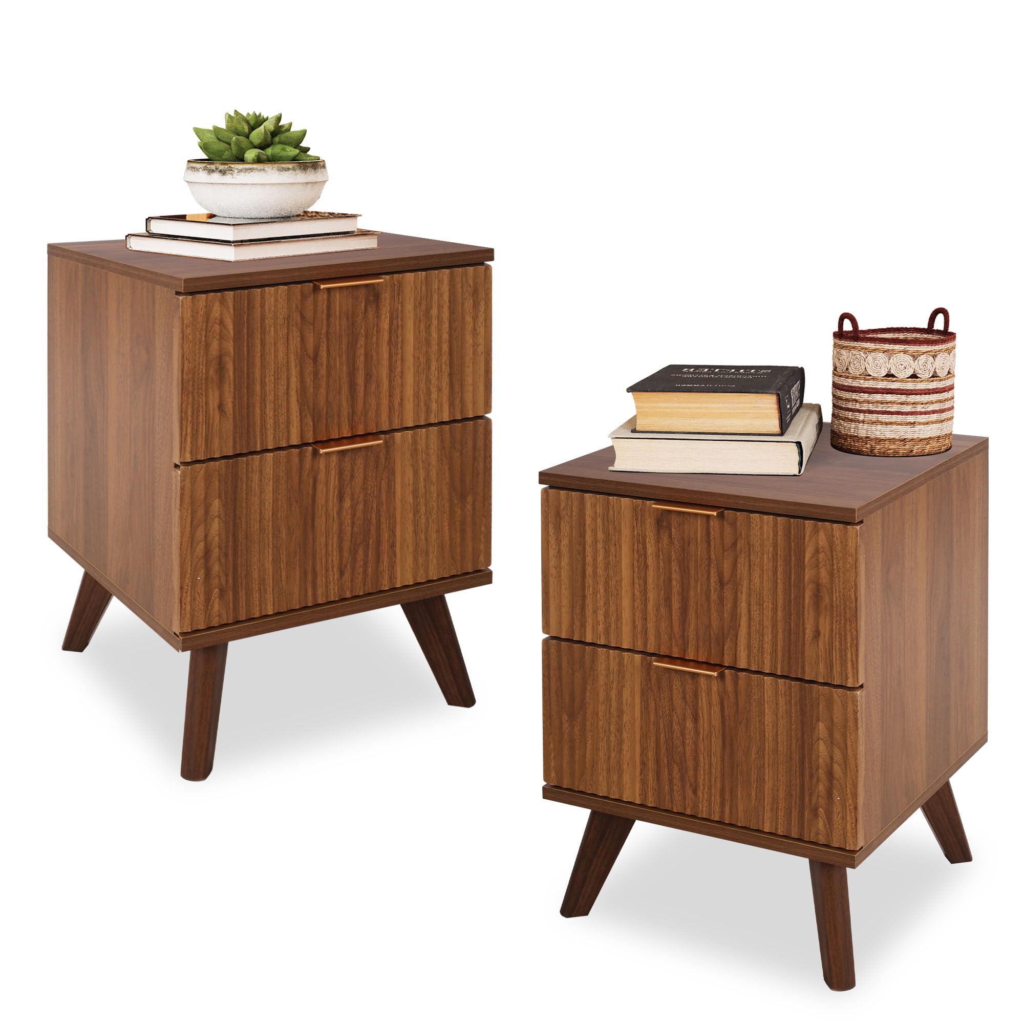 Fluted Nightstand Set of 2 with 2 Drawers