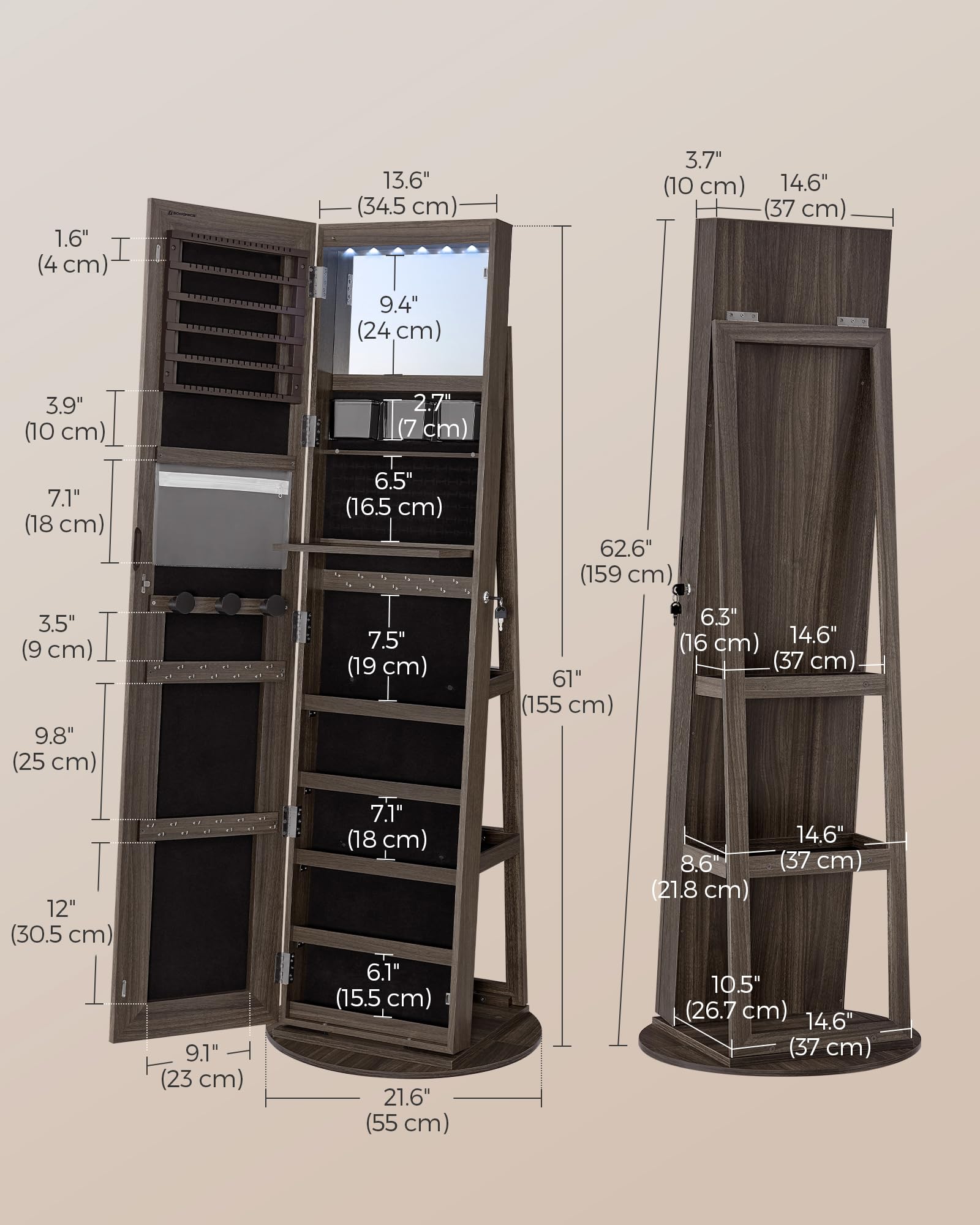 LED Jewelry Cabinet with Full-Length Mirror