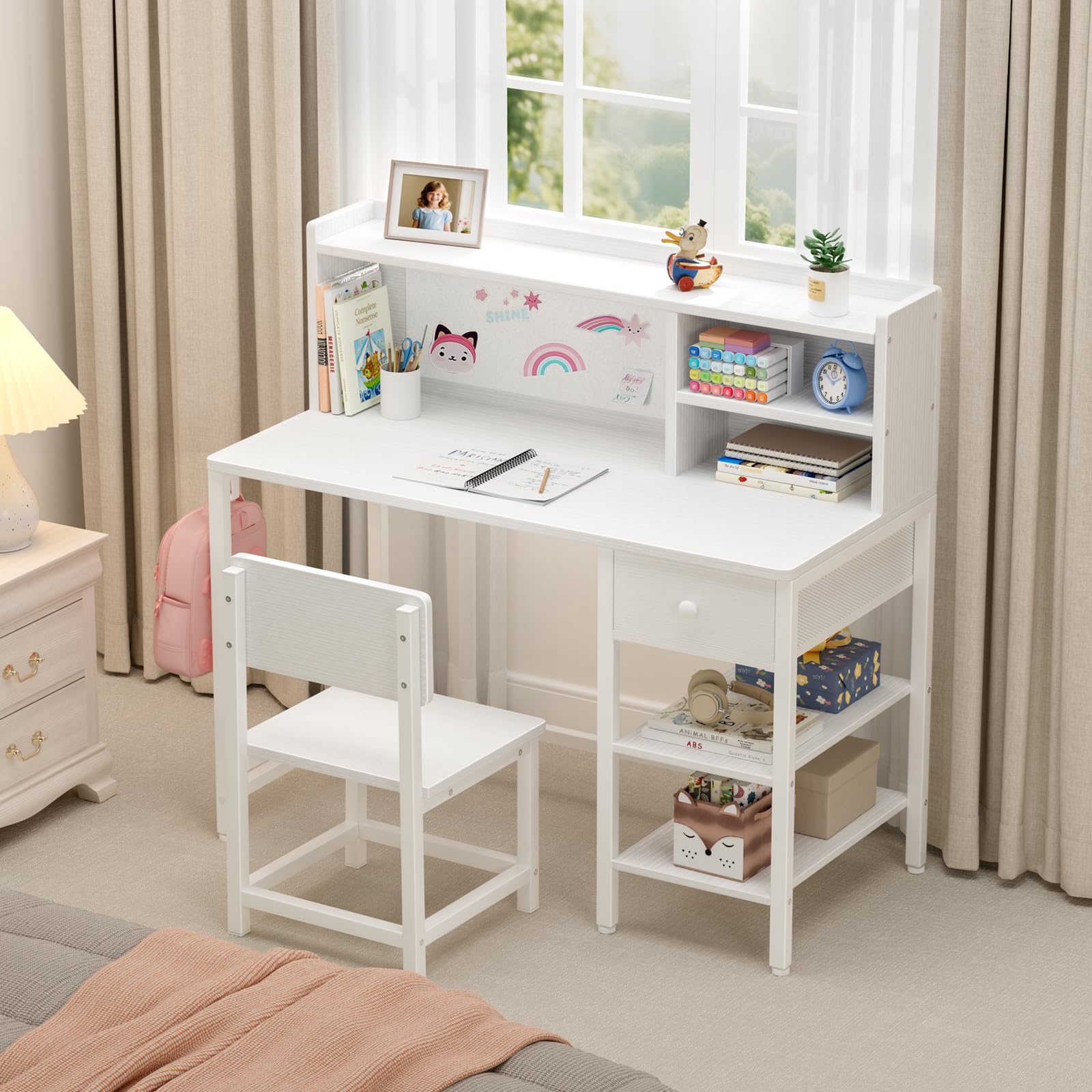 Kids Desk and Chair Set with Hutch and Storage