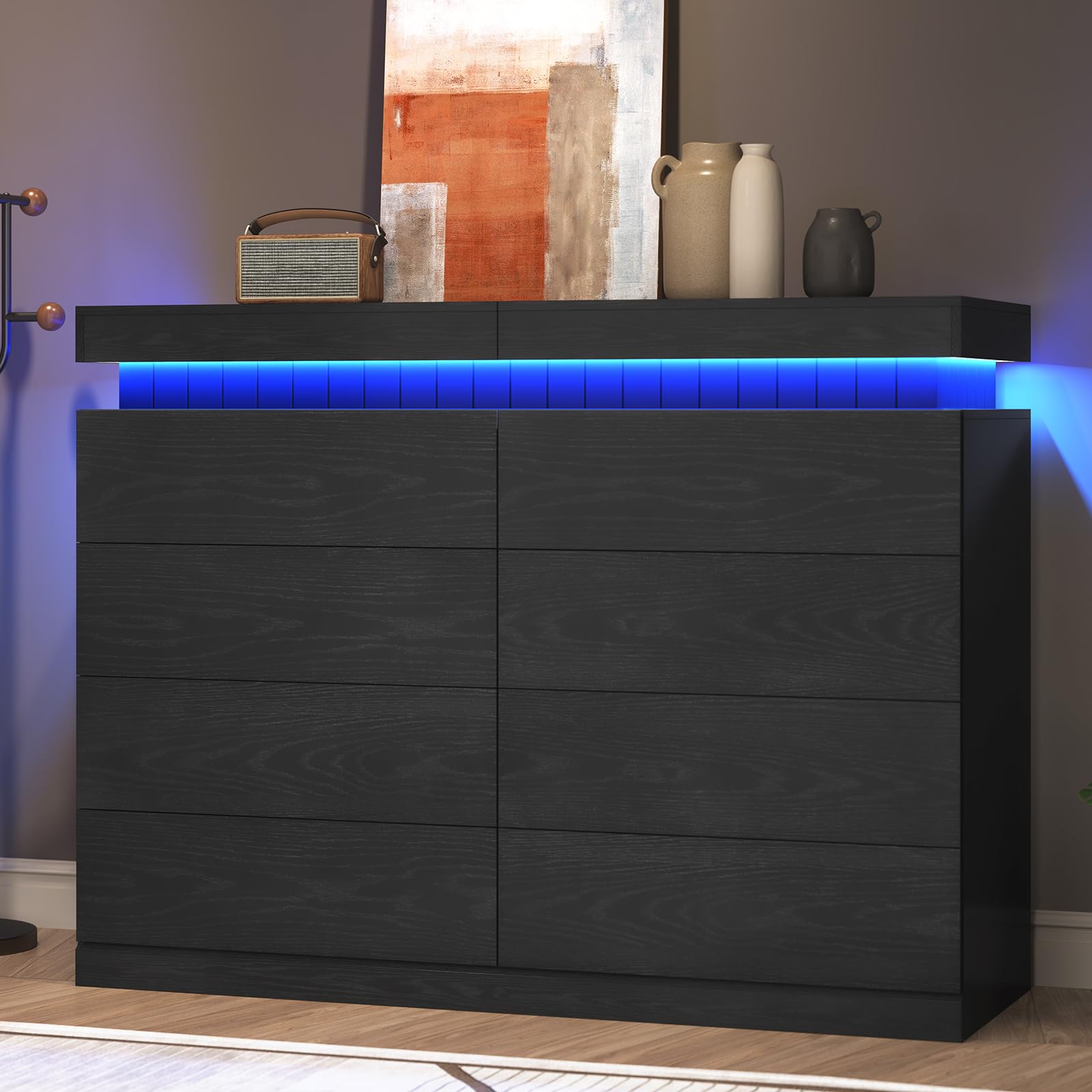 Tall Black 8-Drawer Dresser with LED Light and Power Outlet