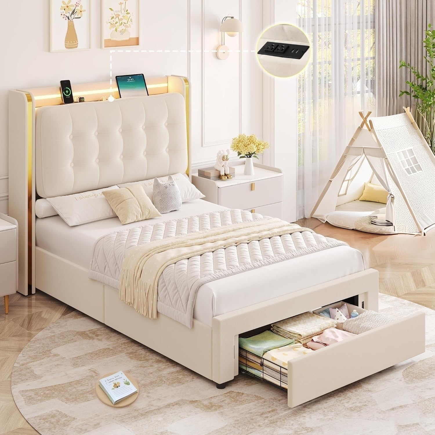 Upholstered LED Twin Bed Frame with Storage and Charging Station