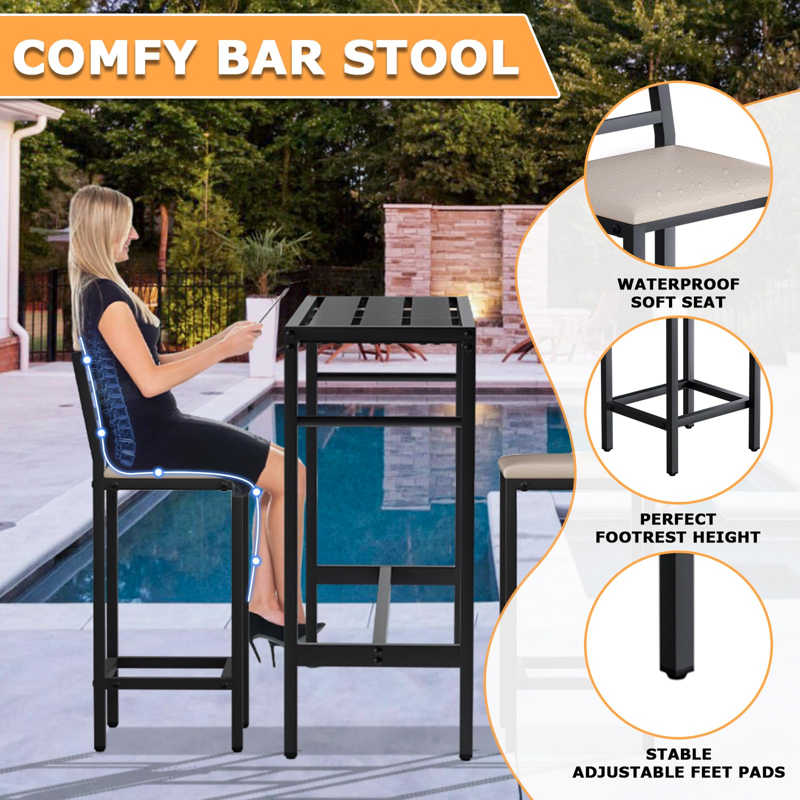 Outdoor Patio Bar Set 3 Piece with Cushioned Stools