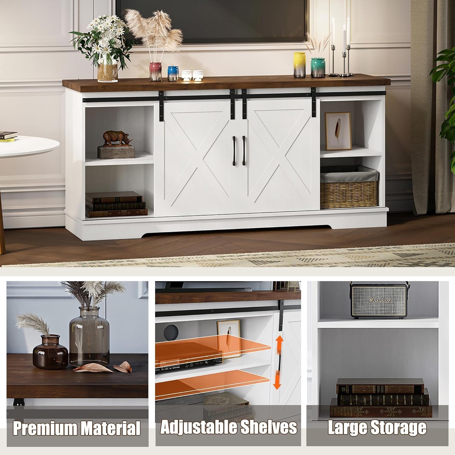 Farmhouse TV Stand with Sliding Barn Doors for TVs up to 65 Inches