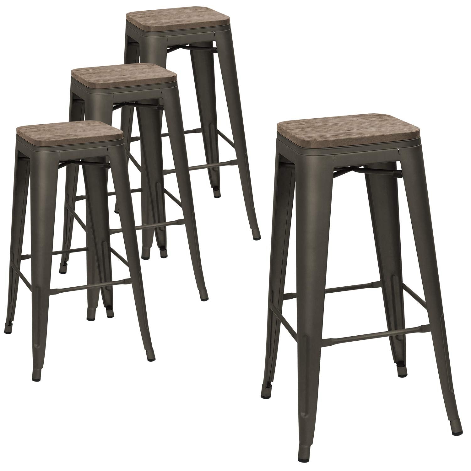 30" Metal Bar Stool Set of 4 - Stackable Industrial Wood Top Barstools