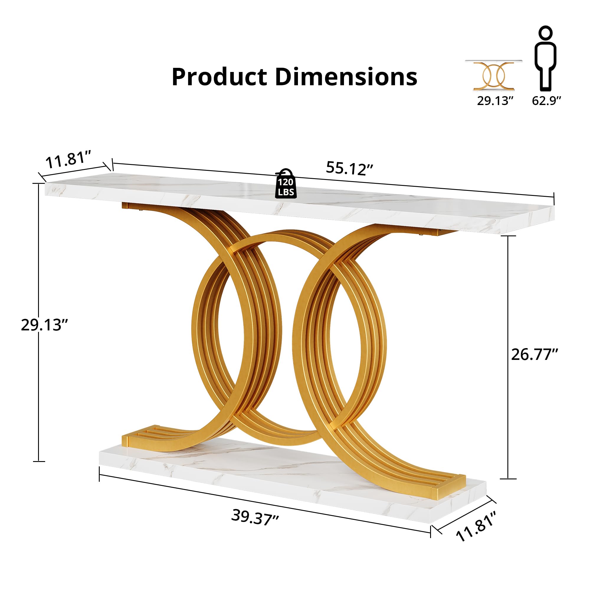 55 Inch Gold Entryway Console Table with Faux Marble Top