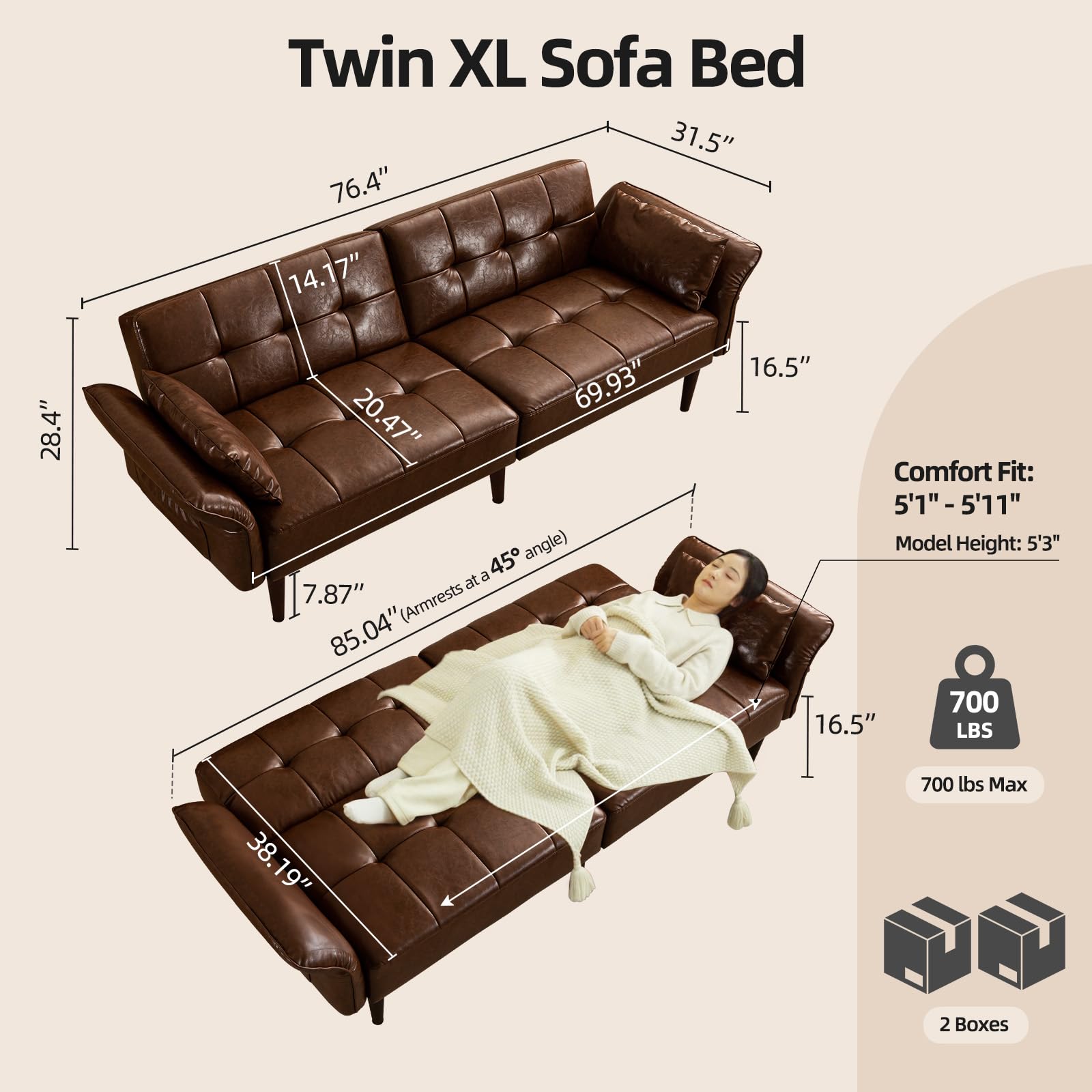 Convertible Futon Sofa Bed with Adjustable Armrests