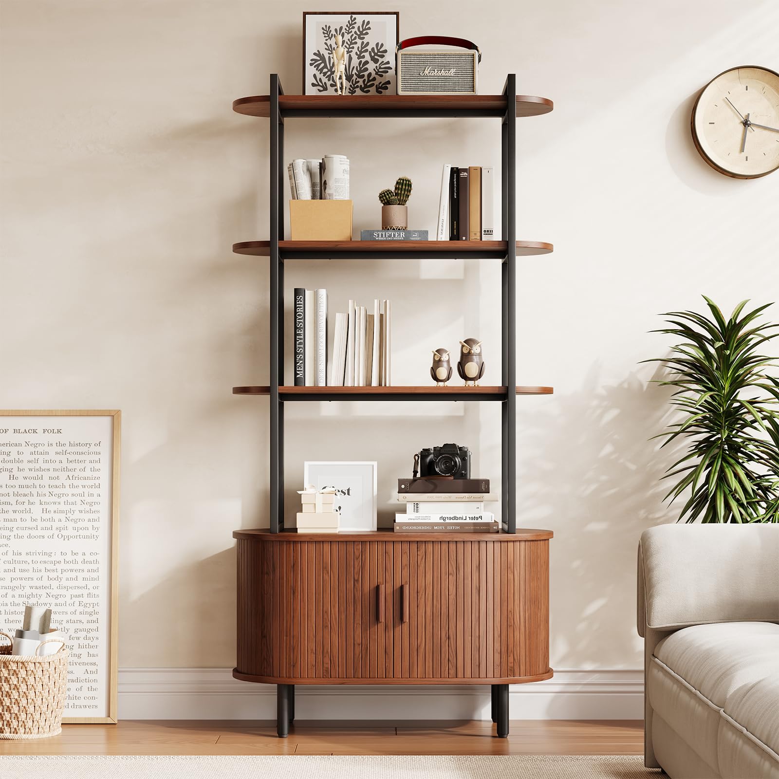 71" Tall Fluted Bookshelf with Sliding Tambour Doors