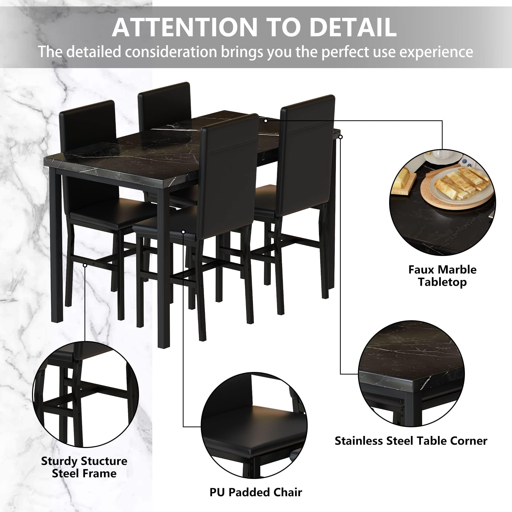 5-Piece Faux Marble Dining Table Set with 4 Chairs