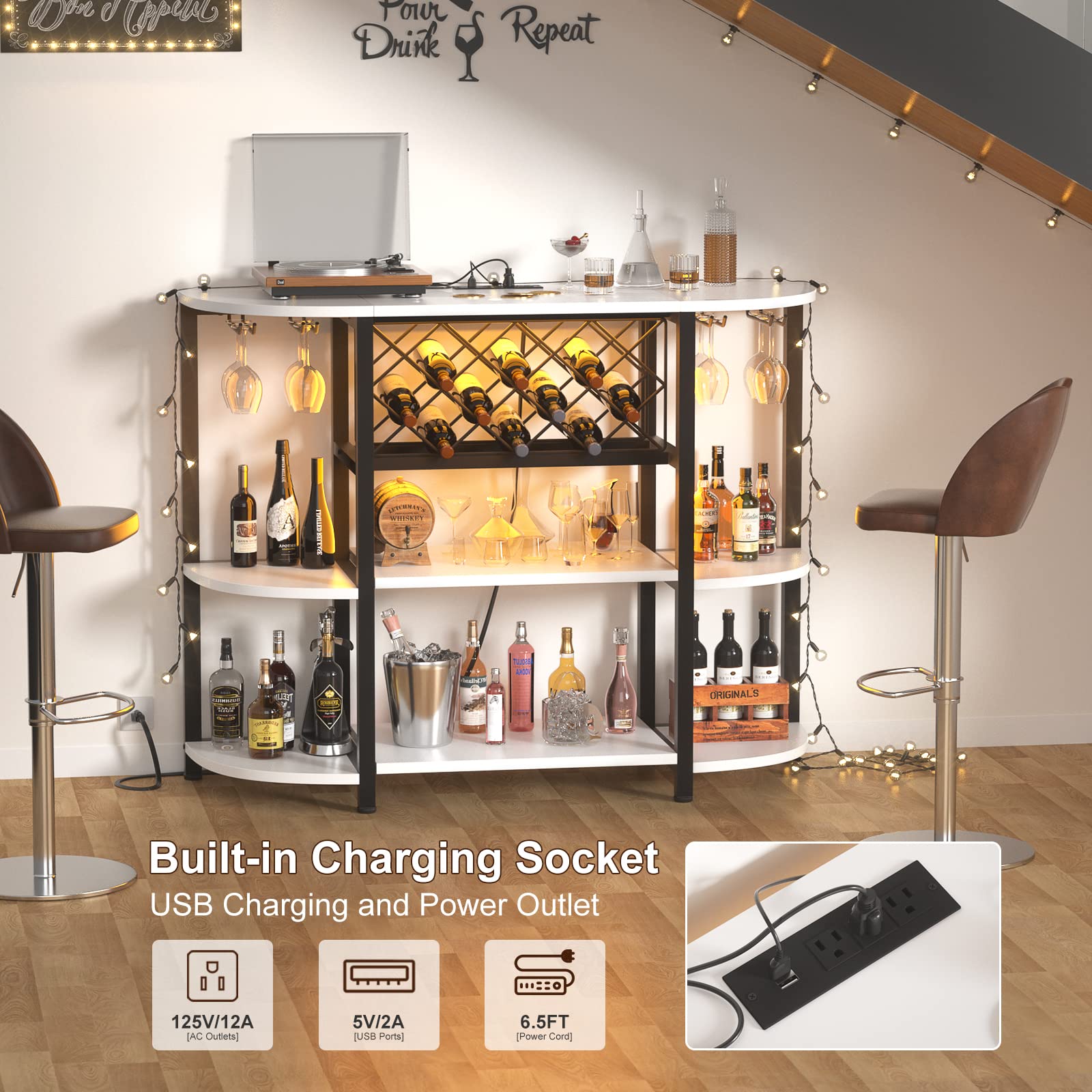 Wine Bar Cabinet with LED Light and Charging Station