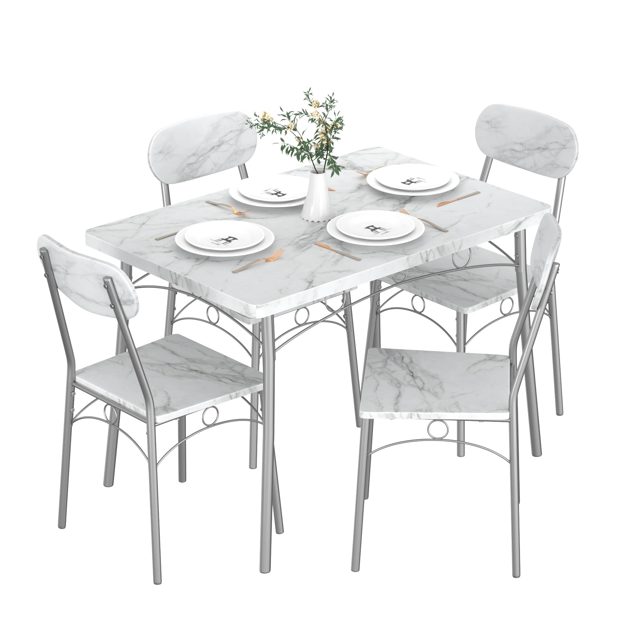 5-Piece Dining Table Set for 4 with Wooden Chairs