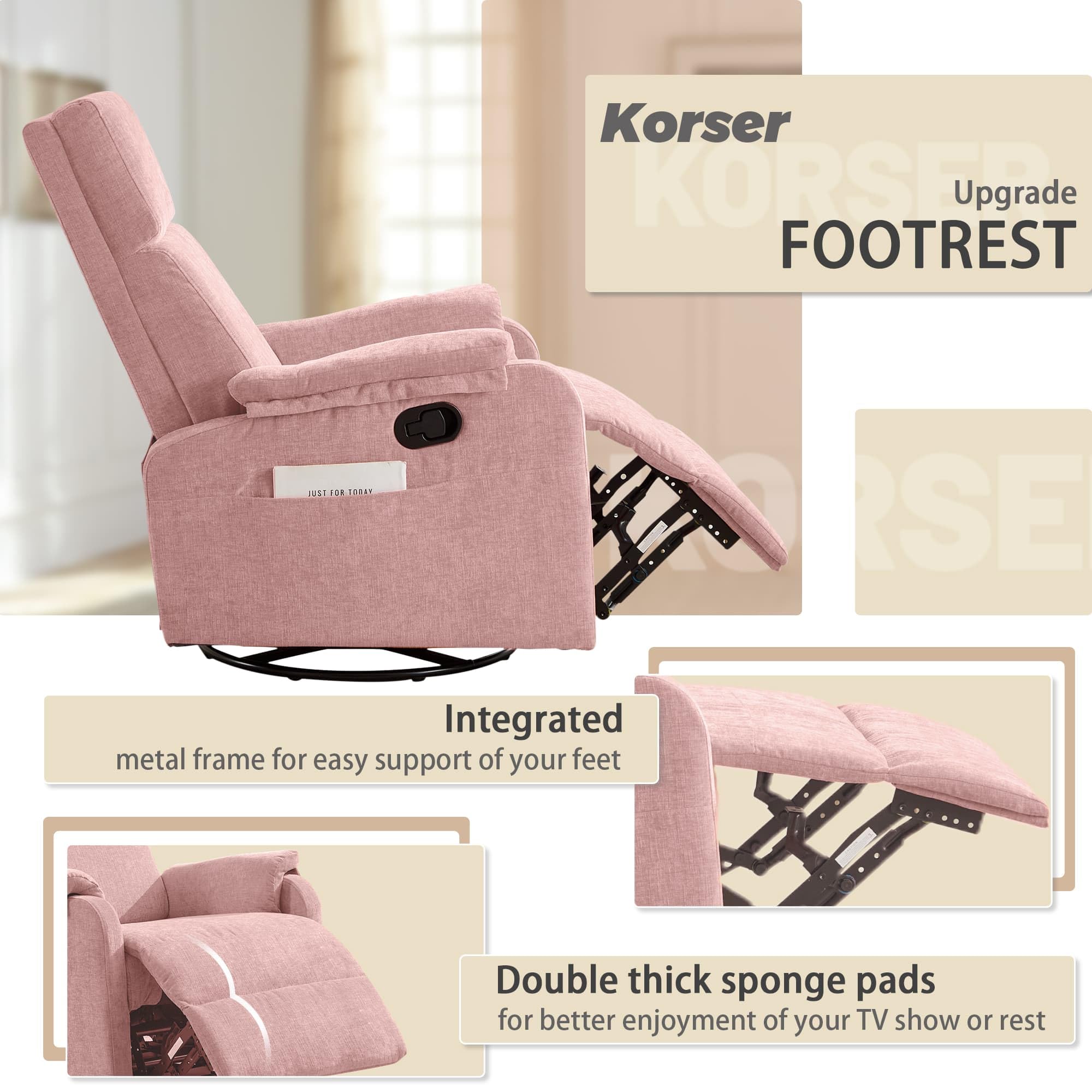 Korser Recliner Chair, Swivel Rocking Recliner Chair for Adults, Glider Rocking Chair, Small Nursery Chair Recliner for Living Room, Reclining Chair with Modern-Designed Armrests, Chenille, Khaki