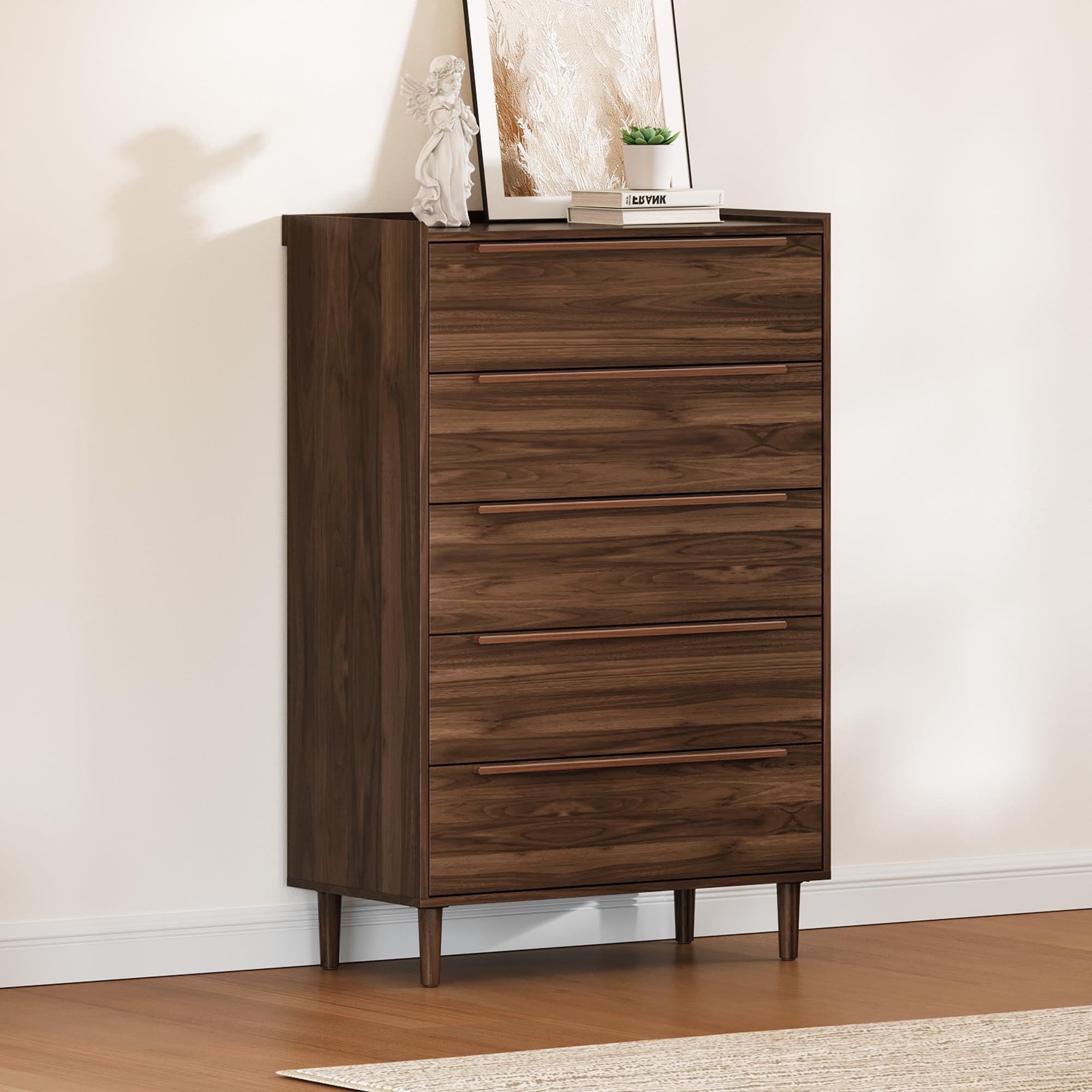 48" Tall Walnut Dresser Mid-Century Modern 5 Drawer Chest