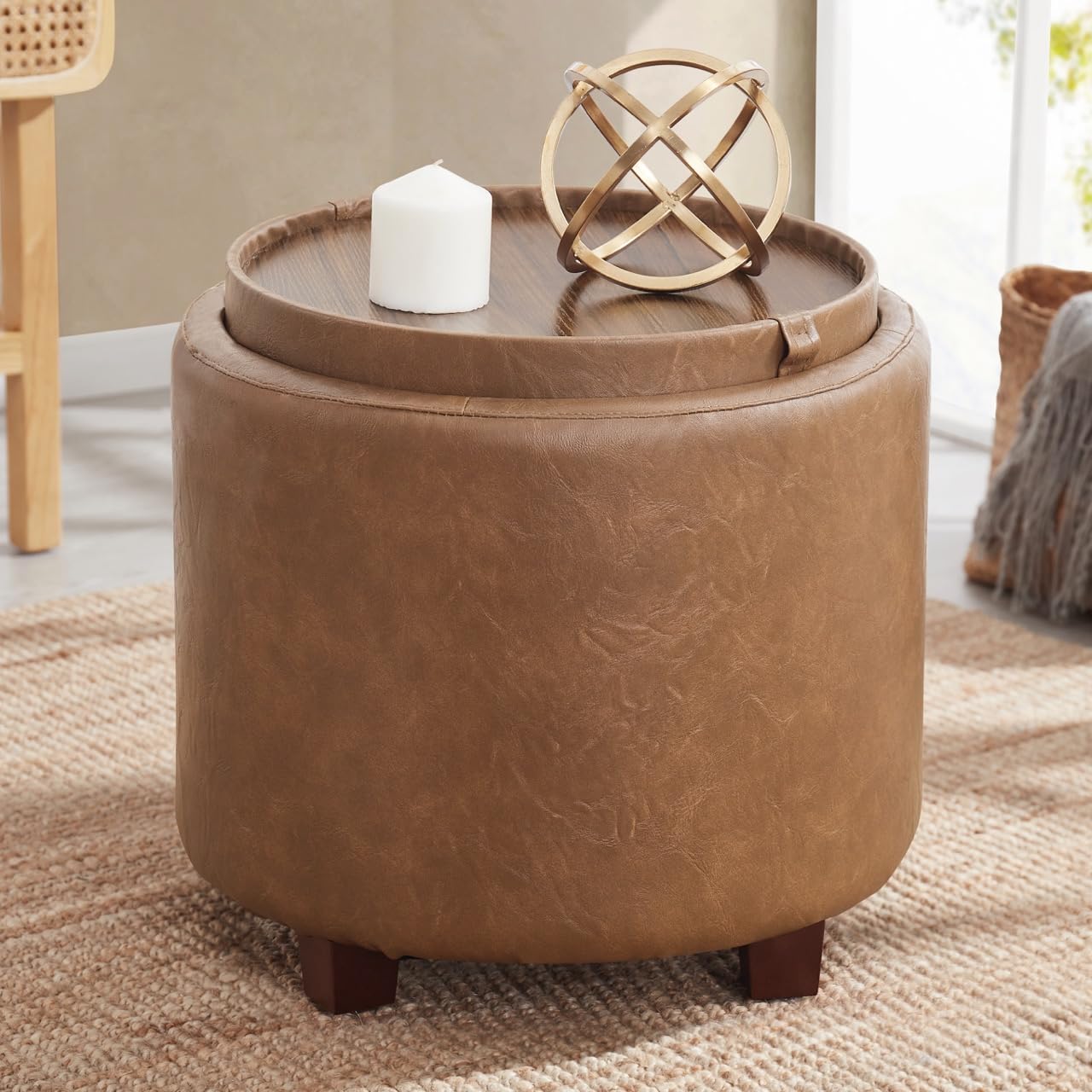 Round Storage Ottoman with Tray Lid