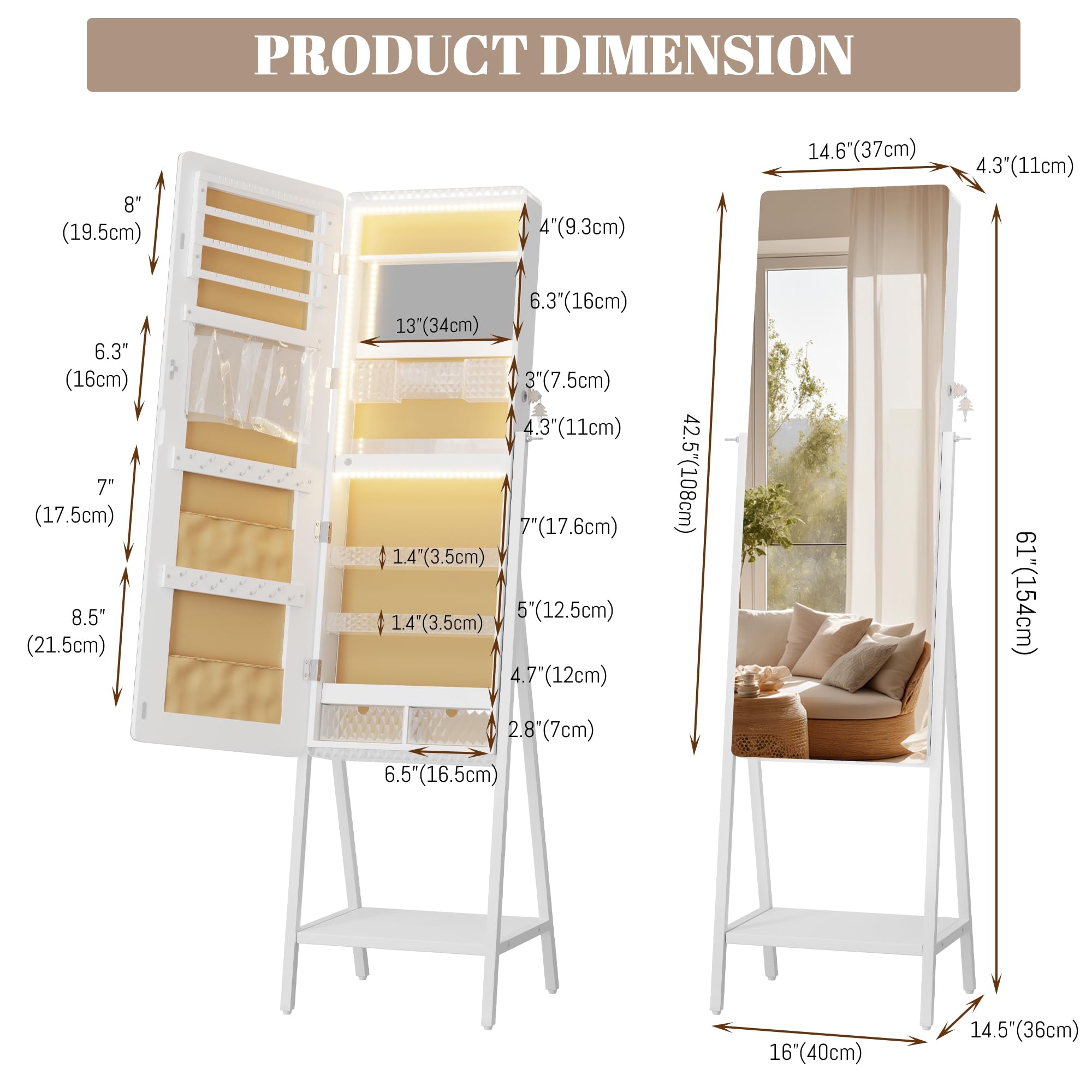 LED Standing Jewelry Mirror Cabinet with Storage