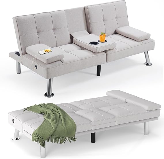 Convertible Futon Sofa Bed with USB Charging Port