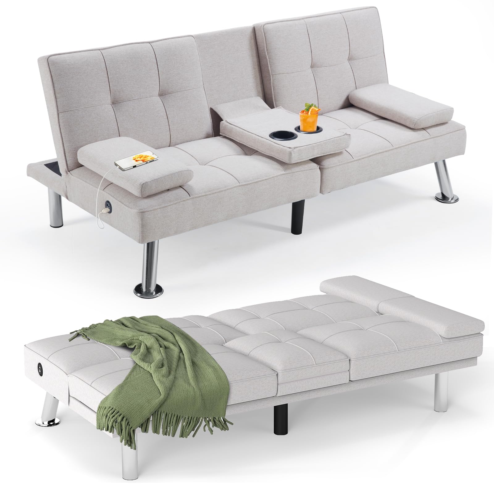 Convertible Futon Sofa Bed with USB Charging Port